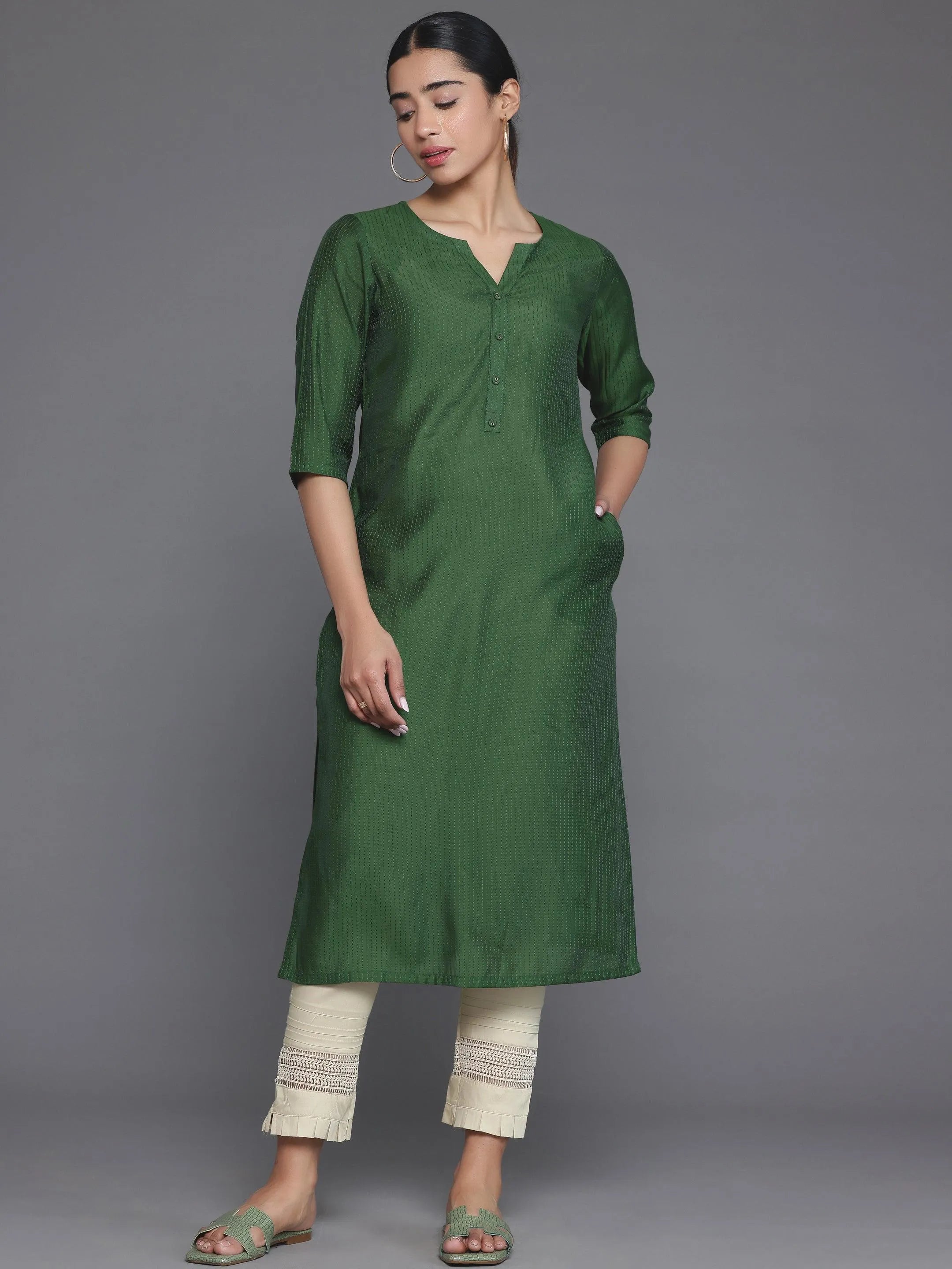 libas Green Woven Design Silk Straight Kurta-picture-30