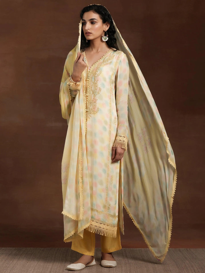 Yellow Embroidered Organza Straight Suit With Dupatta - Libas