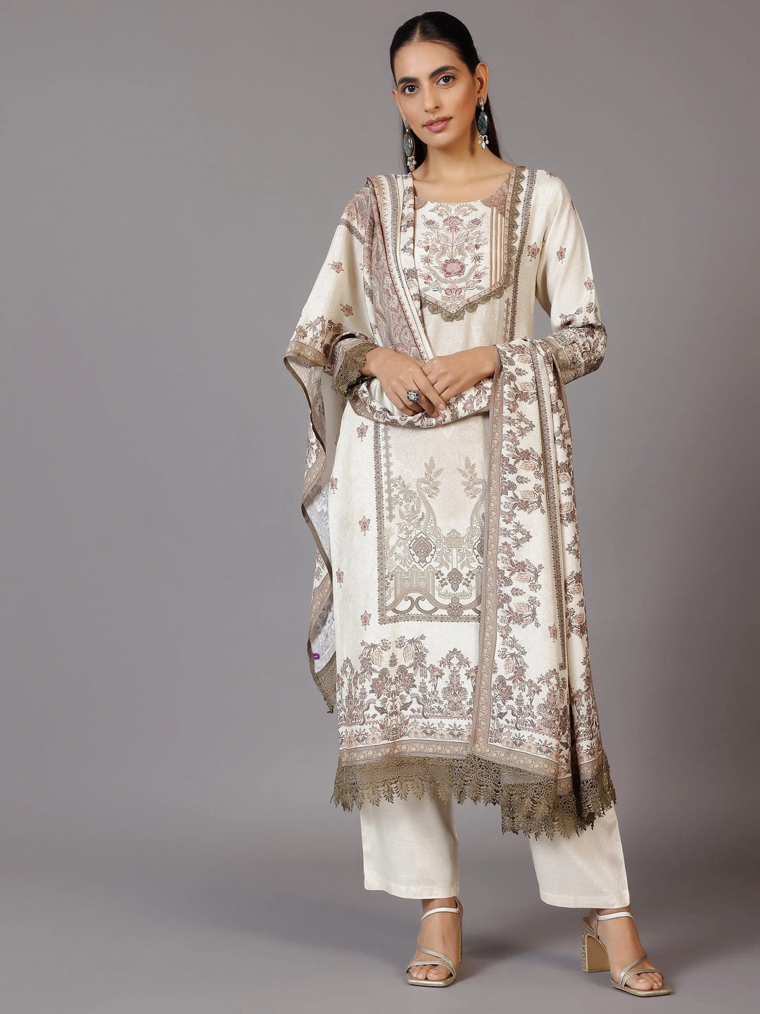 Beige Printed Silk Blend Straight Suit With Dupatta - Libas