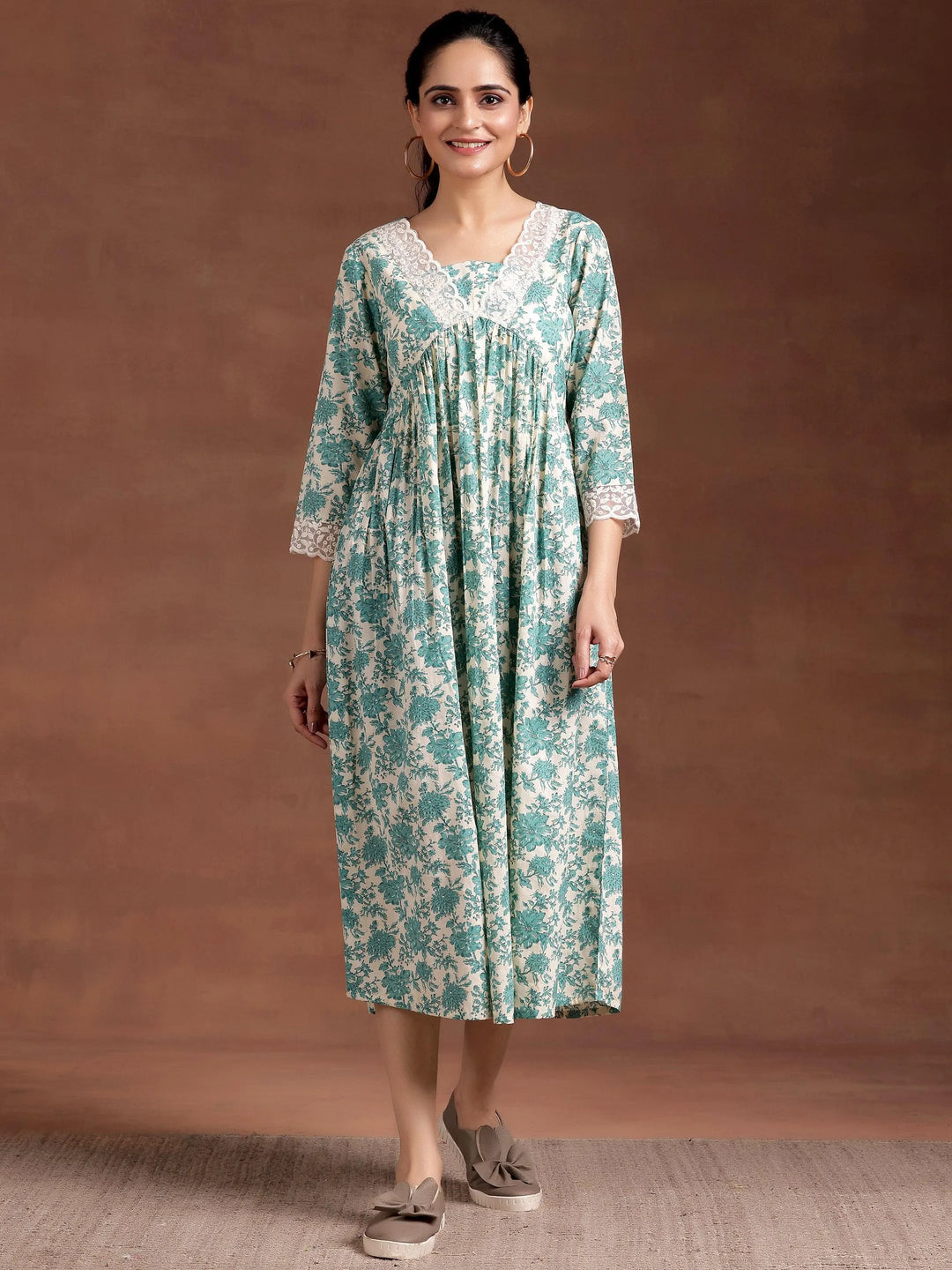 Beige Printed Cotton A-Line Dress - Libas 