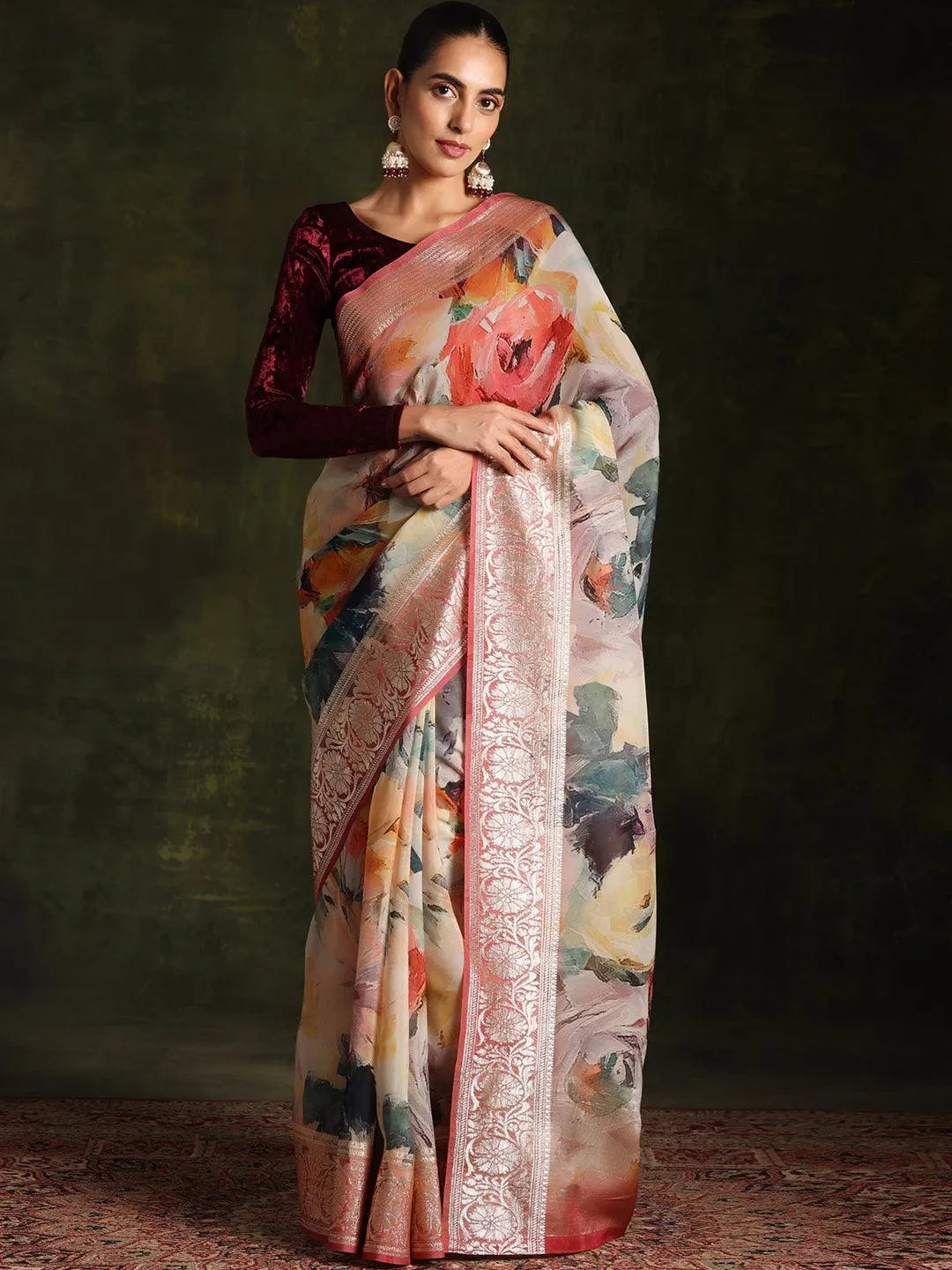 Pink Printed Organza Saree With Unstitched Blouse Piece - Libas 