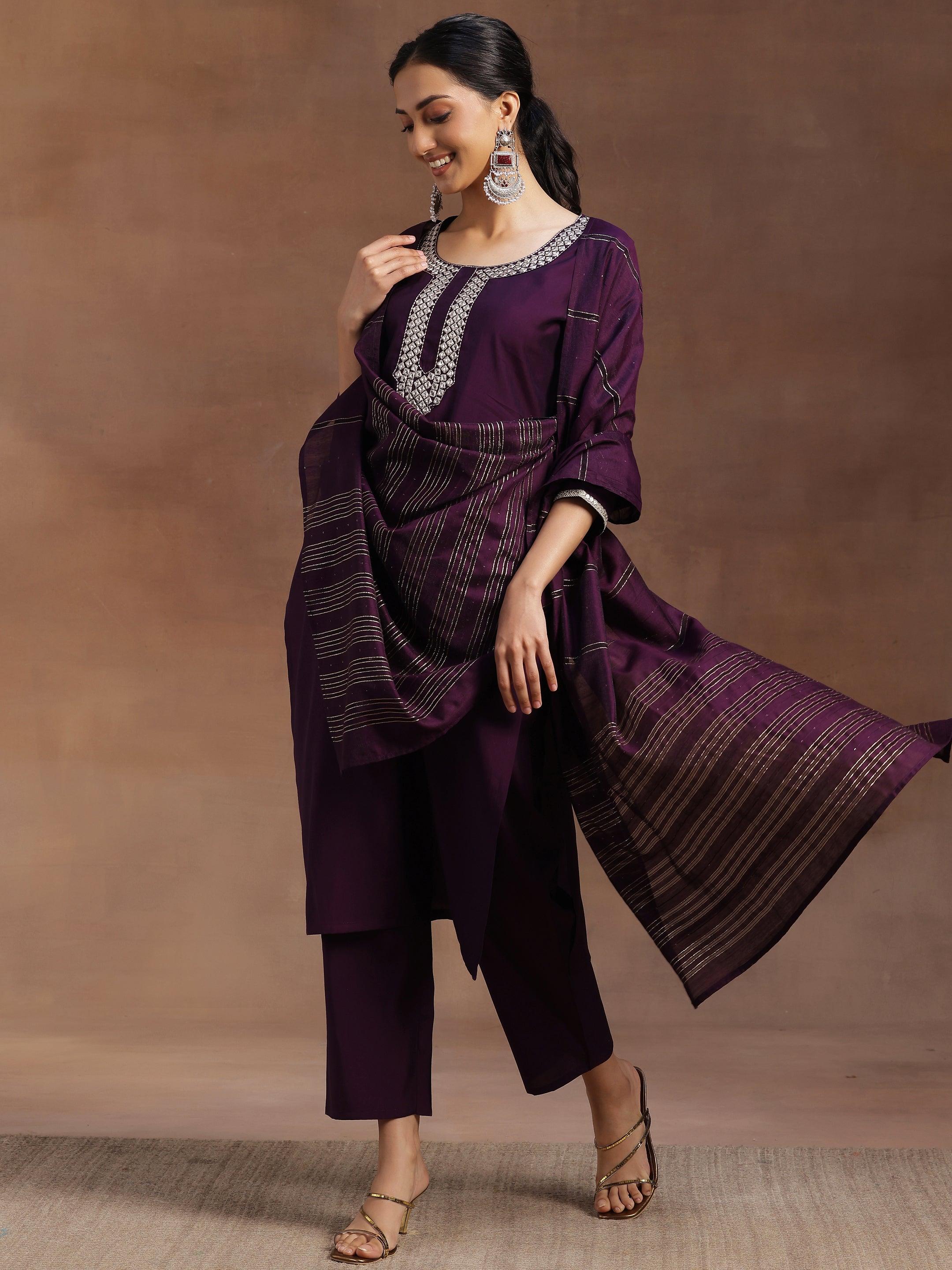 Purple Embroidered Silk Blend Straight Suit With Dupatta