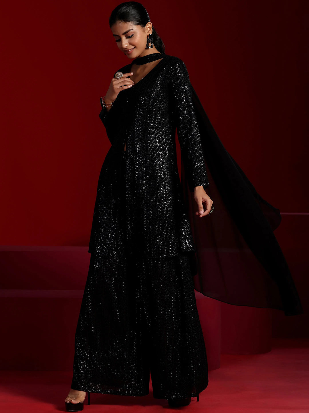  Libas Art Black Embroidered Georgette A-Line Kurta With Palazzos & Dupatta 