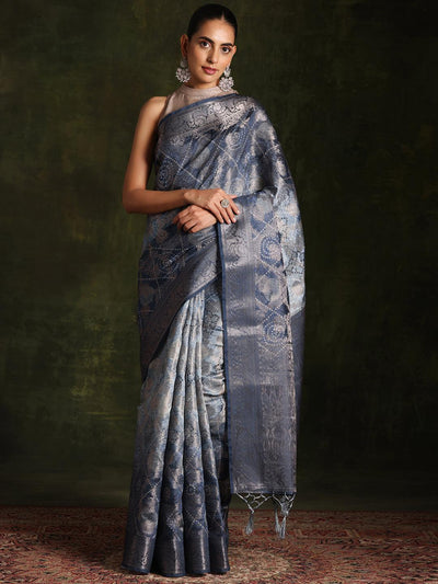 Blue Woven Design Brocade Saree With Unstitched Blouse Piece - Libas