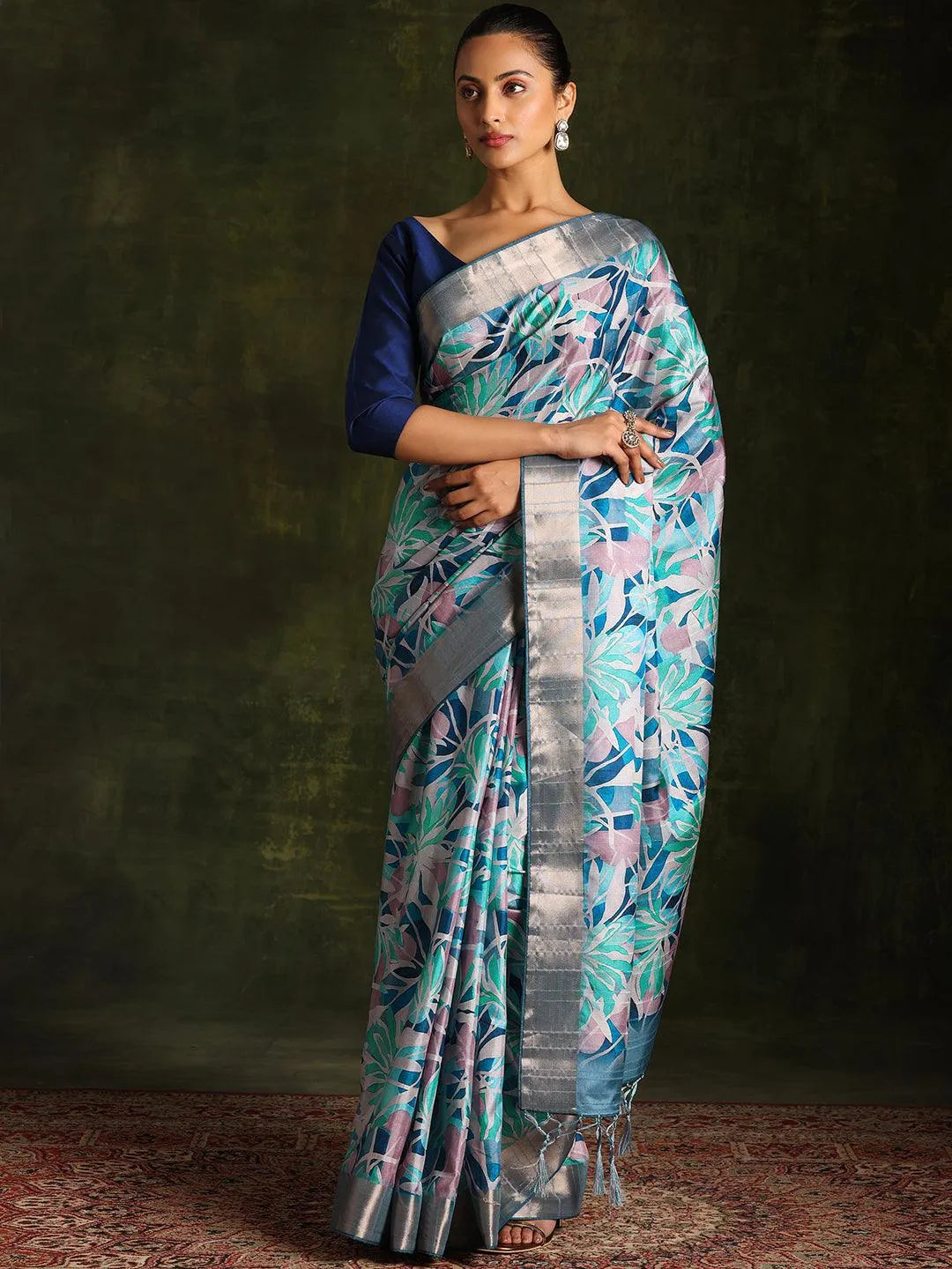 Blue Printed Silk Blend Saree With Unstitched Blouse Piece - Libas 