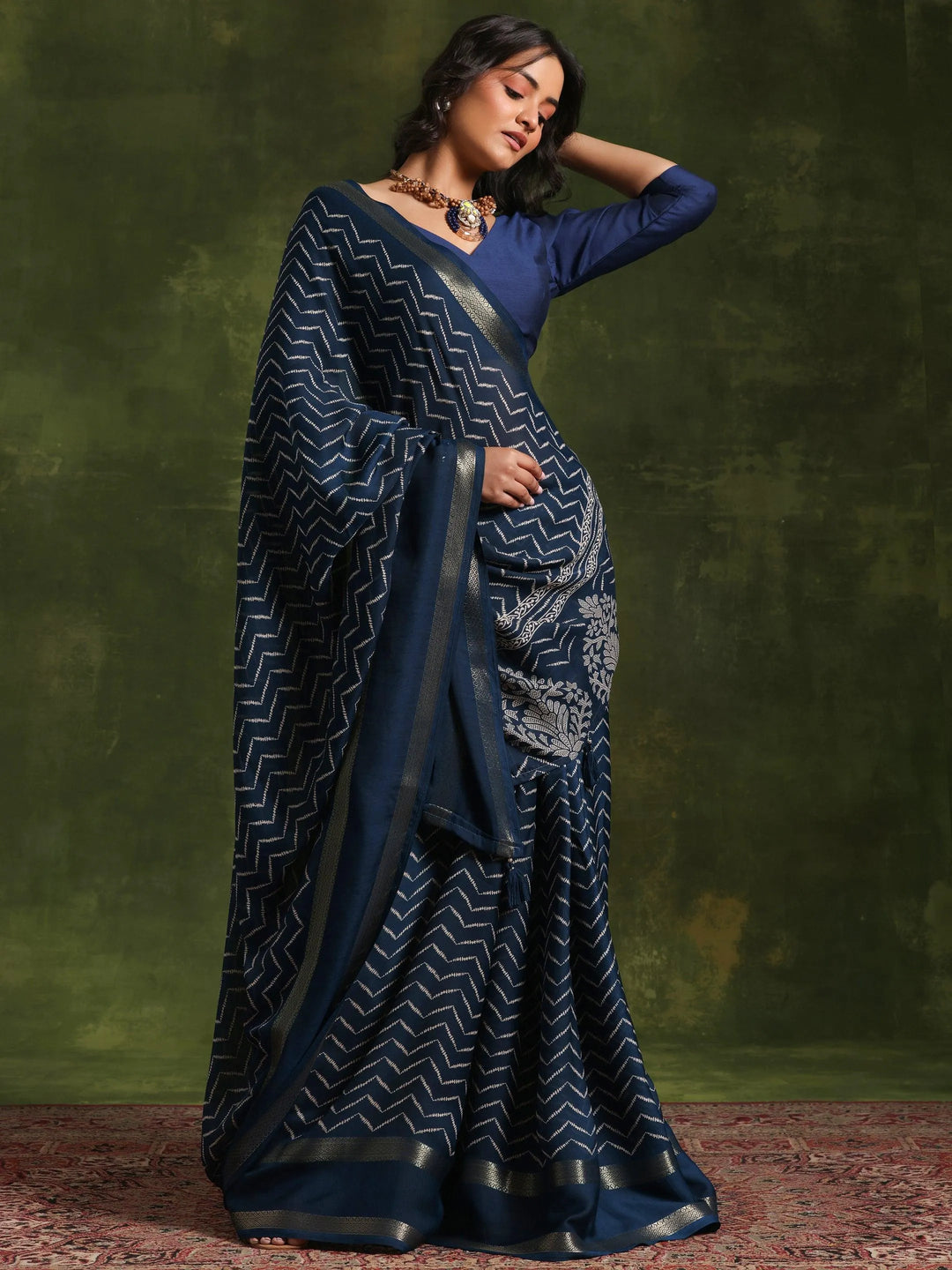 Blue Printed Silk Blend Saree With Unstitched Blouse Piece - Libas 