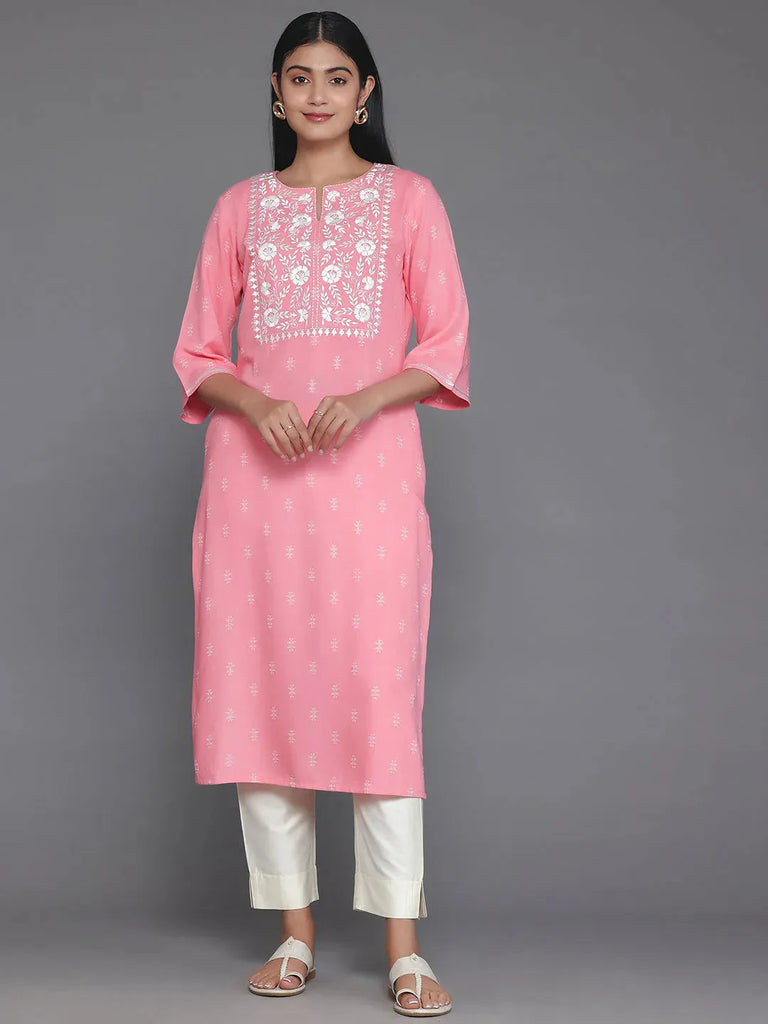 Libas Pink Yoke Design Rayon Straight Kurta