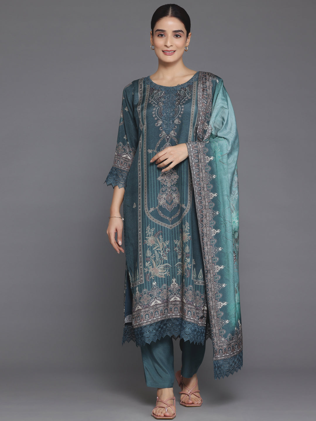  Green Printed Silk Blend Straight Suit Set With Dupatta 