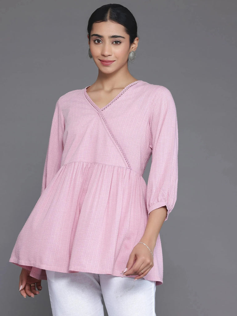 Libas Pink Woven Design Cotton Blend A-Line Kurti