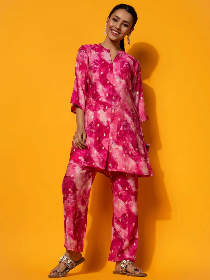 Pink Printed Silk Blend Co-Ords - Libas