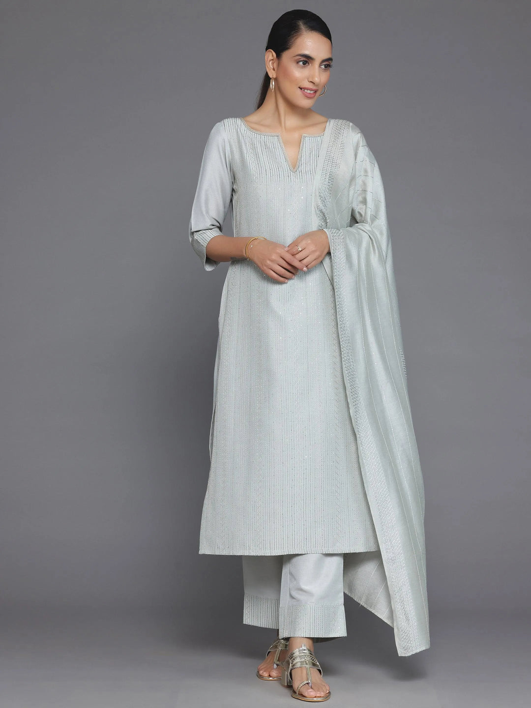 Grey Self Design Silk Blend Straight Suit With Dupatta - Libas 