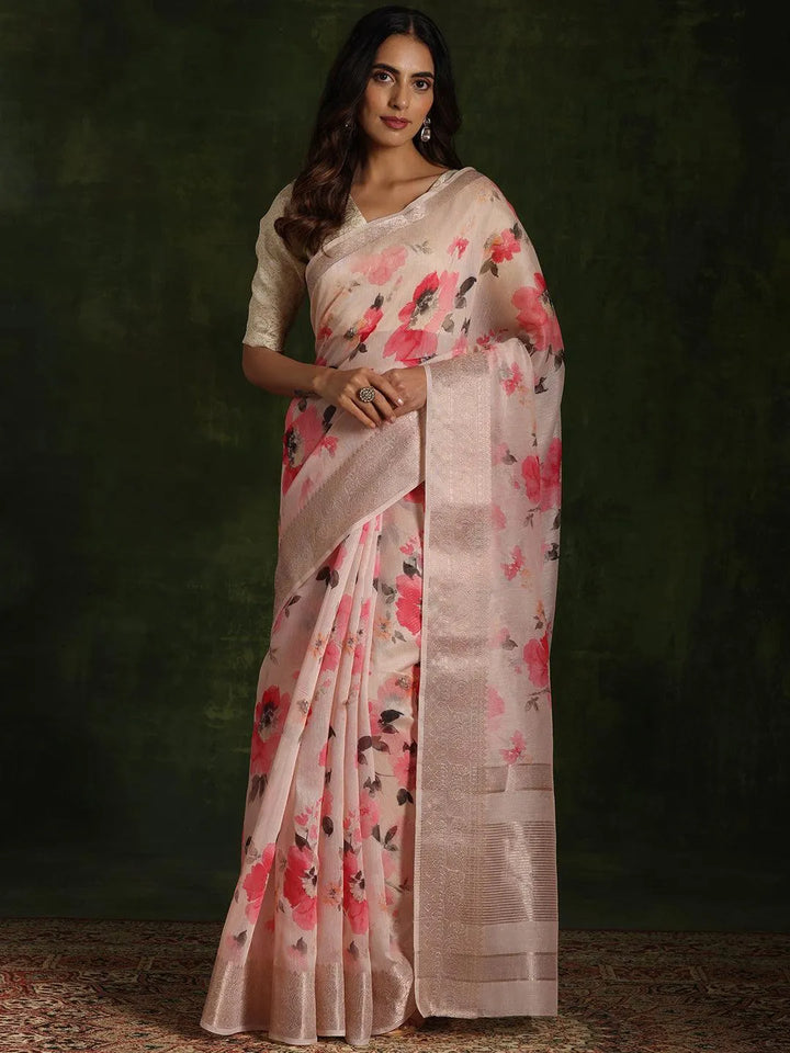 Pink Printed Silk Blend Saree With Unstitched Blouse Piece - Libas