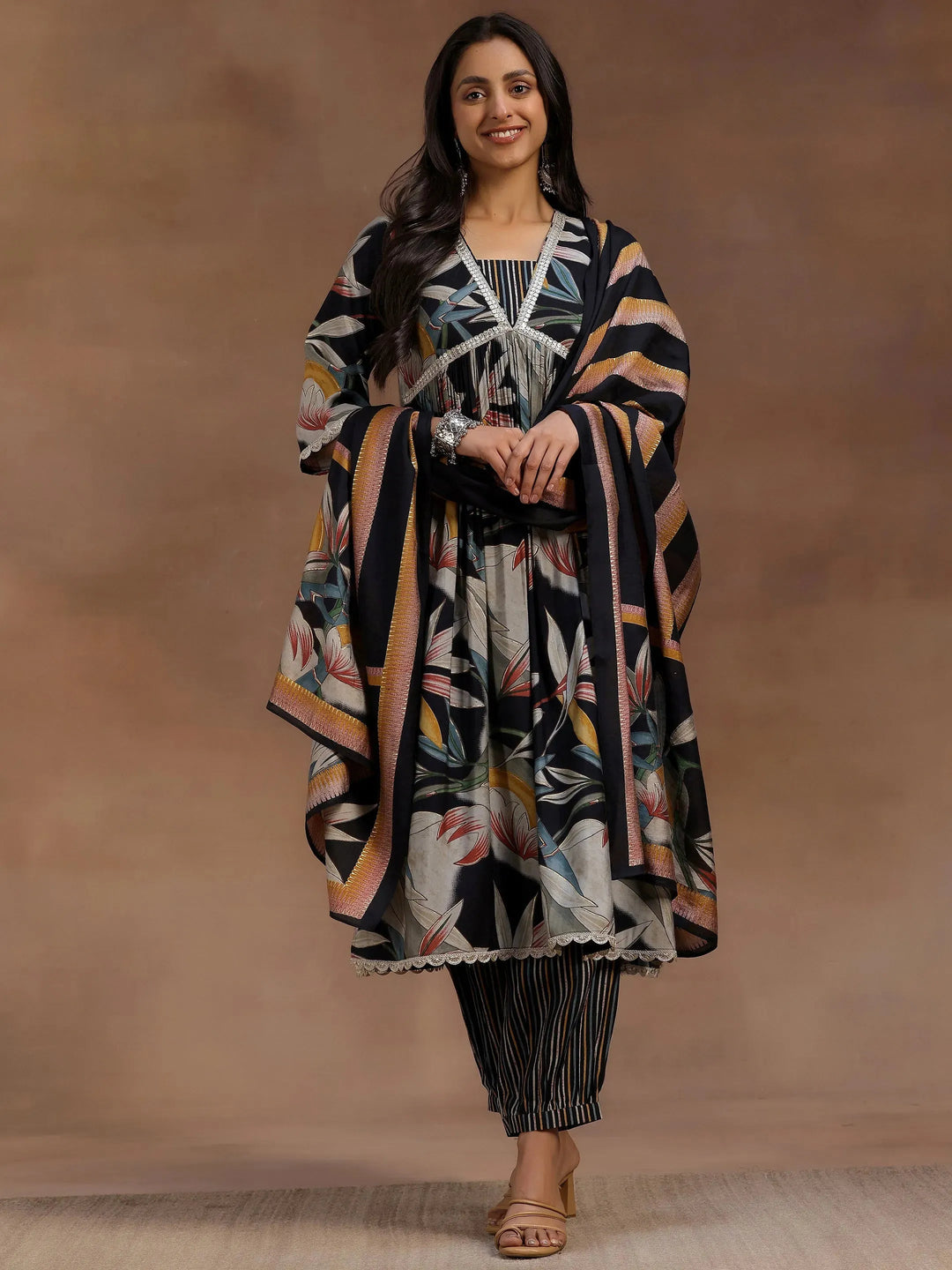  Black Printed Silk Blend A-Line Kurta With Salwar & Dupatta 