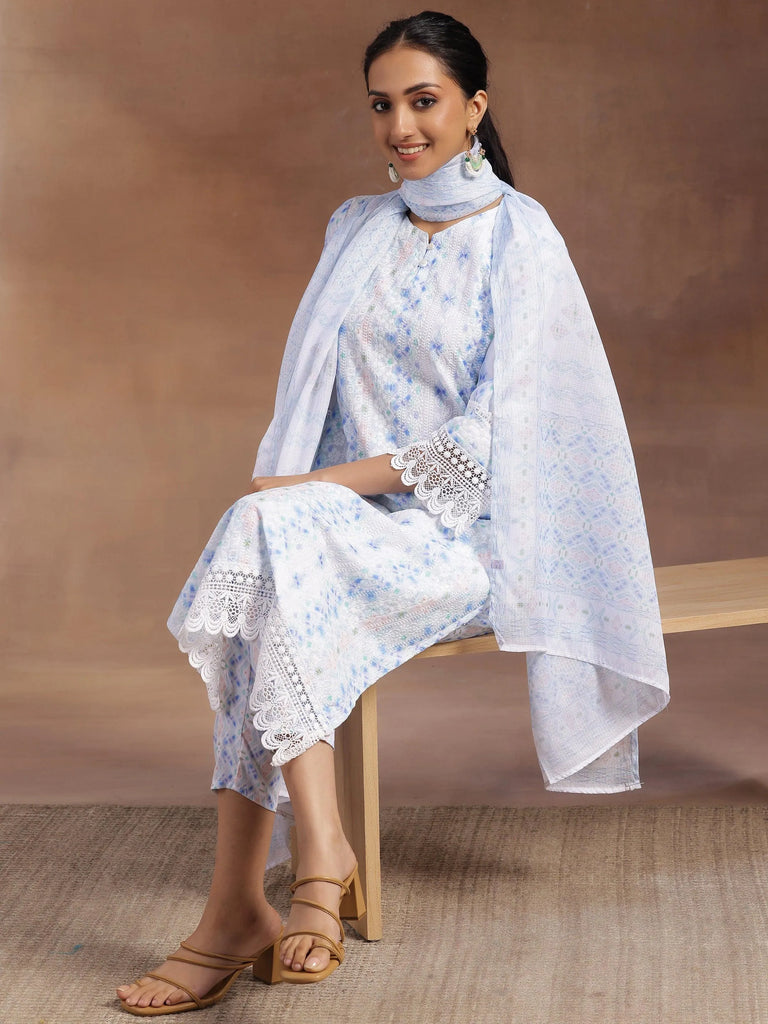 Libas Sky Blue Embroidered Cotton Blend Straight Suit With Dupatta