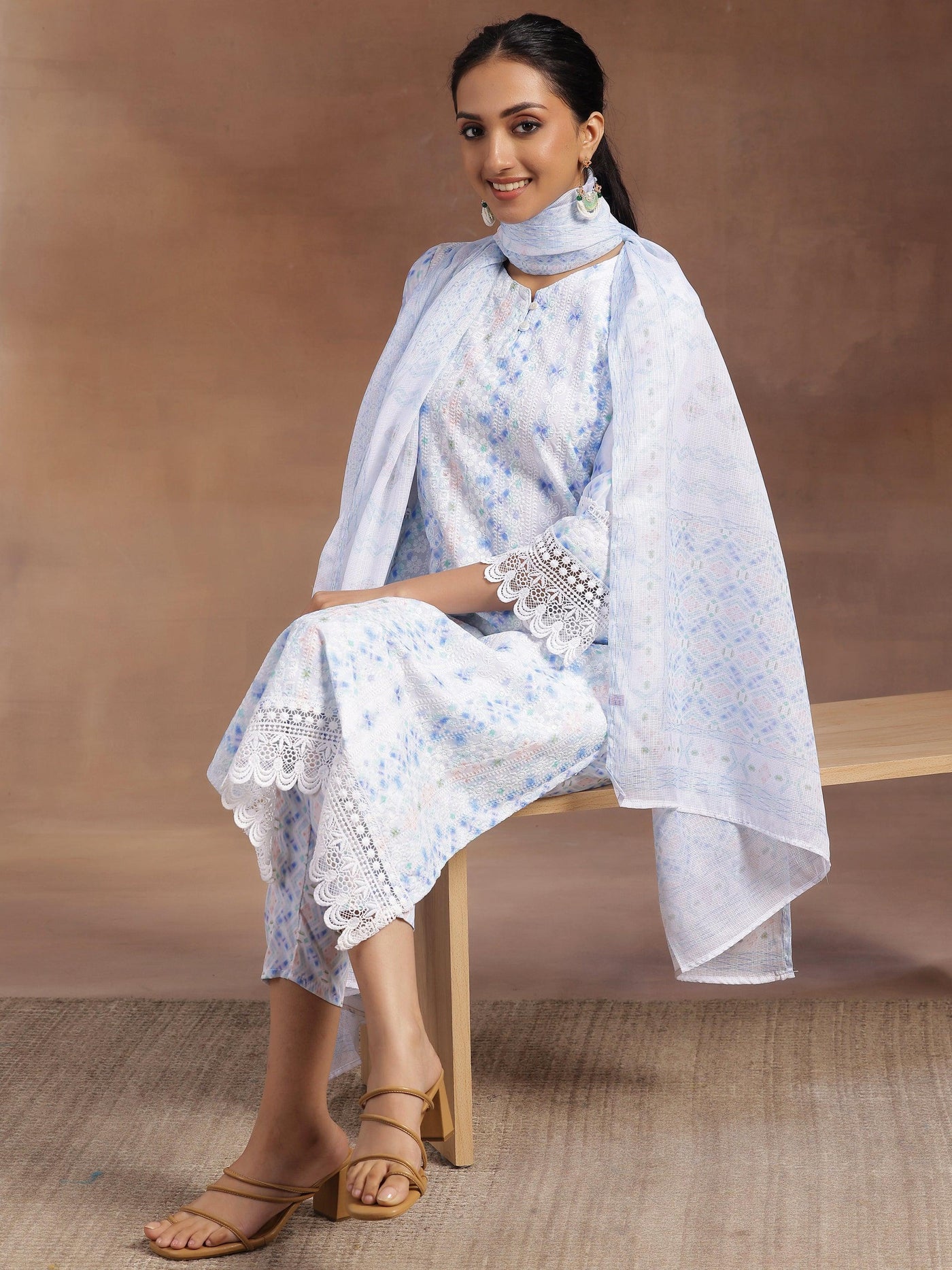 Sky Blue Embroidered Cotton Blend Straight Suit With Dupatta - Libas