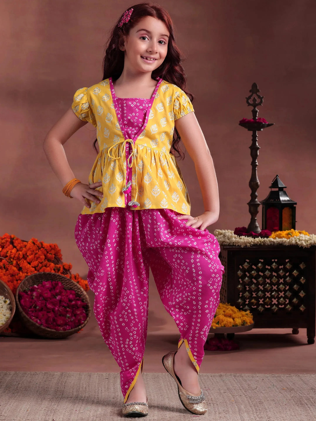  Kids Pink Printed Cotton 3 Piece Co-Ords 