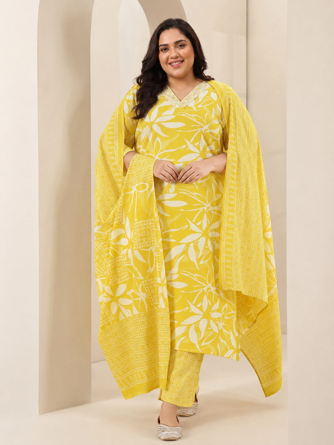 libas Plus Size Yellow Floral Printed Cotton Blend Straight Suit Set-picture-17