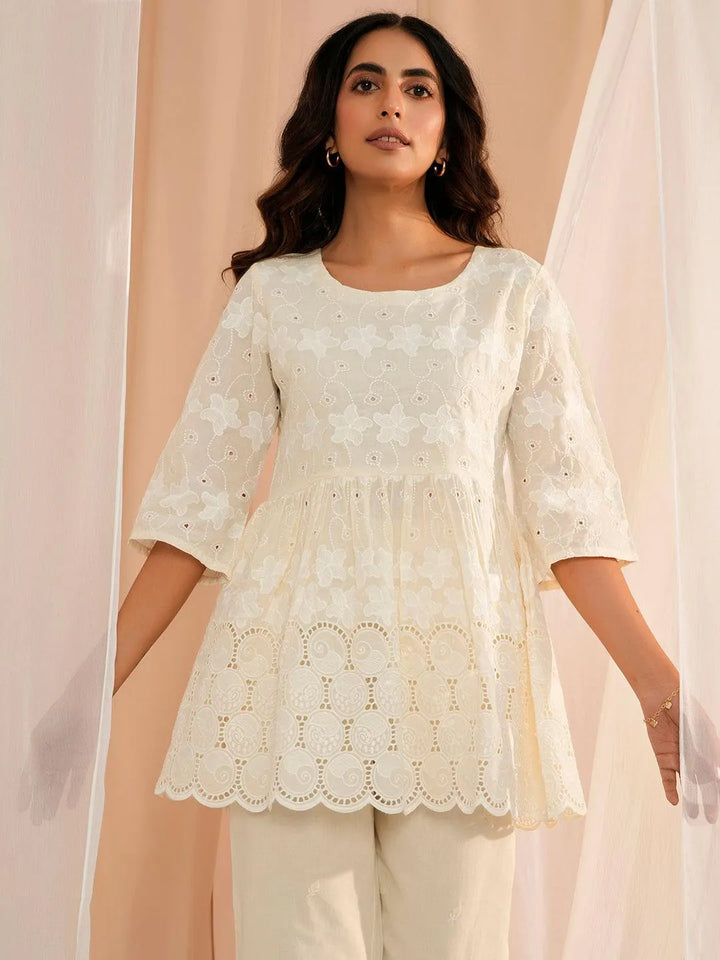 Zoya Off White Embroidered Cotton A-Line Kurti - Libas