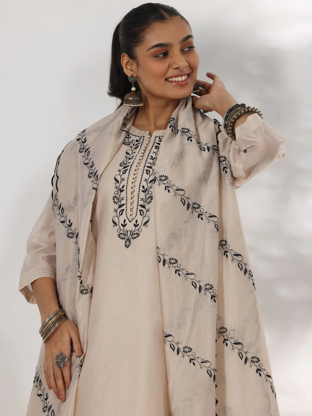  Beige Yoke Design Chanderi Silk Straight Suit With Dupatta 