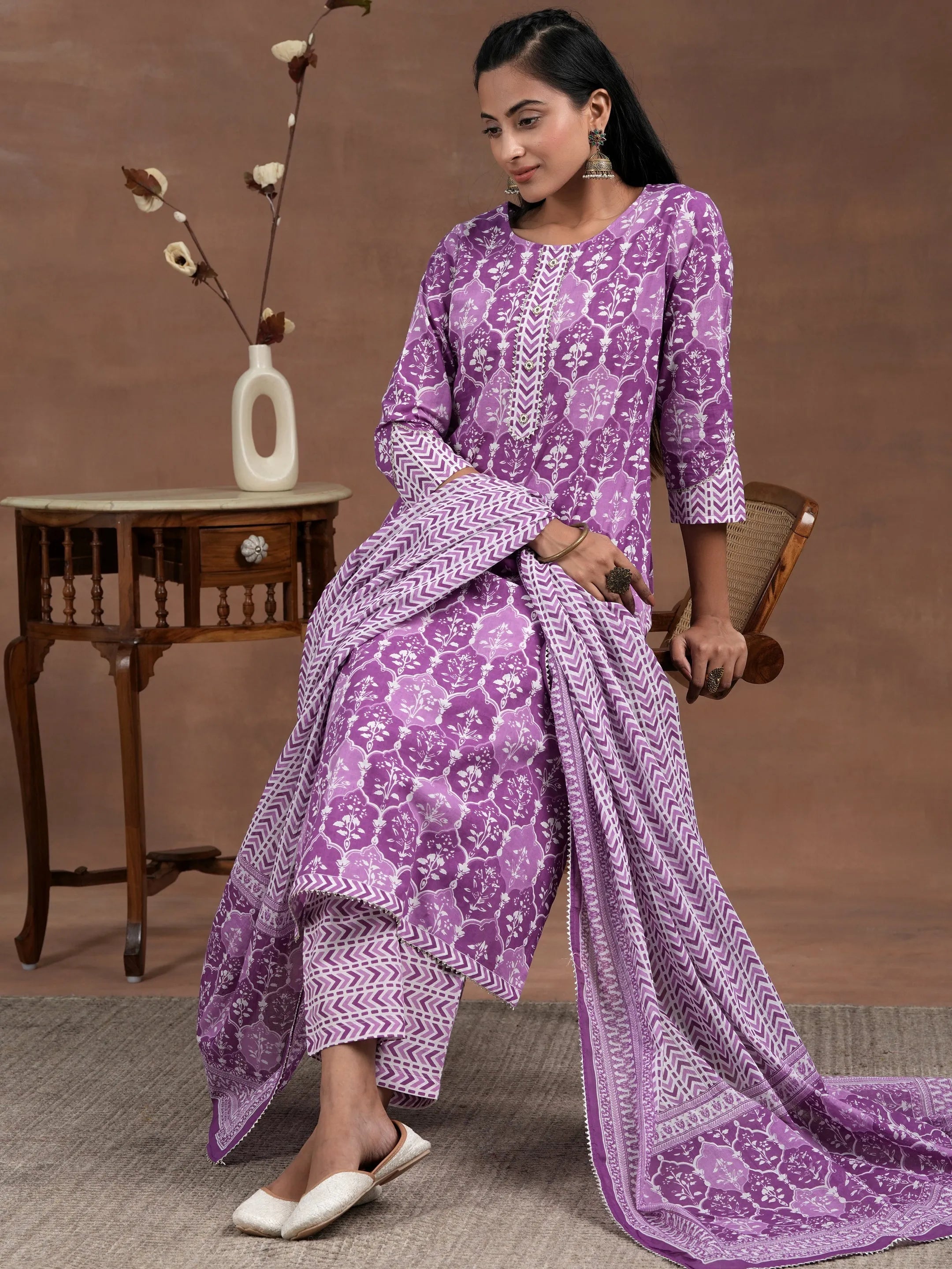 Purple Cotton Printed Straight Kurta-image-1