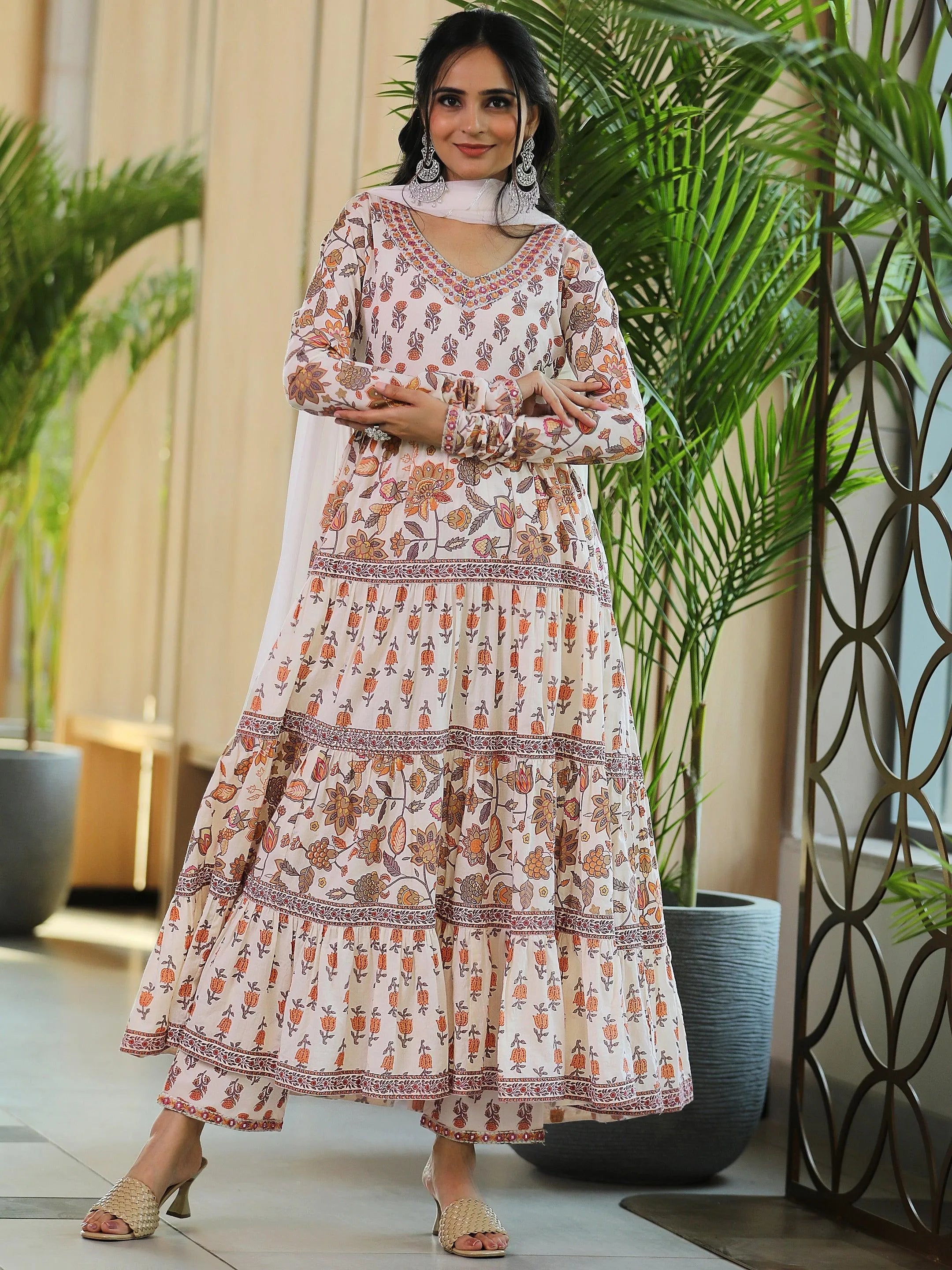 libas Off white Printed Cotton A-Line Kurta With Palazzos & Dupatta-picture-27