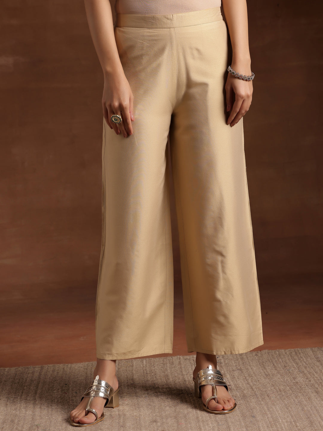 Beige Solid Silk Palazzos