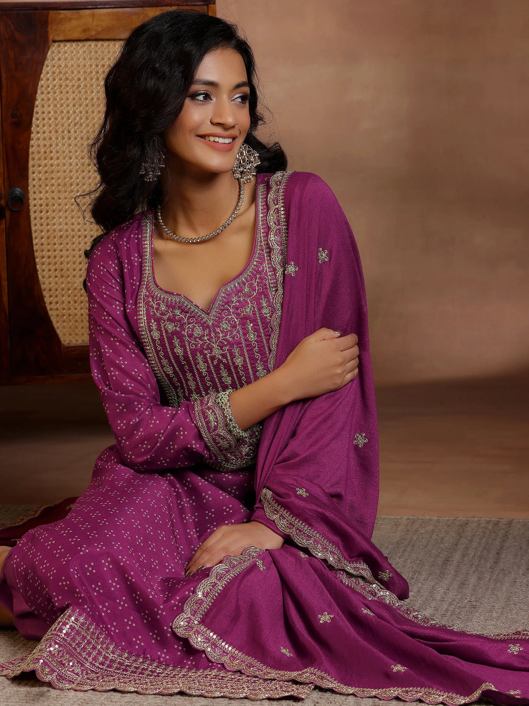  Wine Printed Silk Blend Straight Suit With Dupatta 
