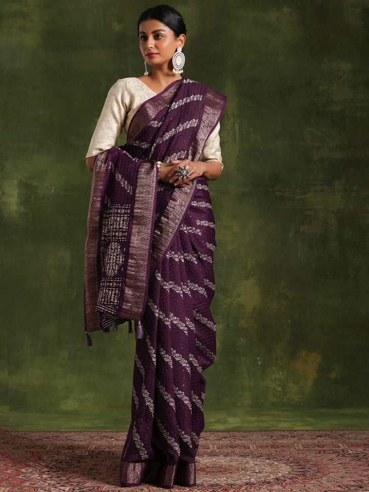 Purple Printed Silk Blend Saree With Unstitched Blouse Piece - Libas