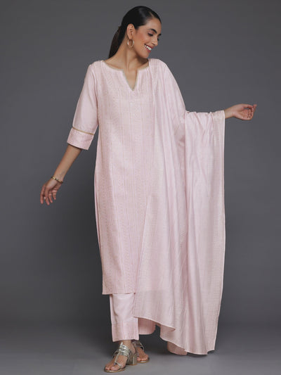 Pink Self Design Silk Blend Straight Suit With Dupatta - Libas