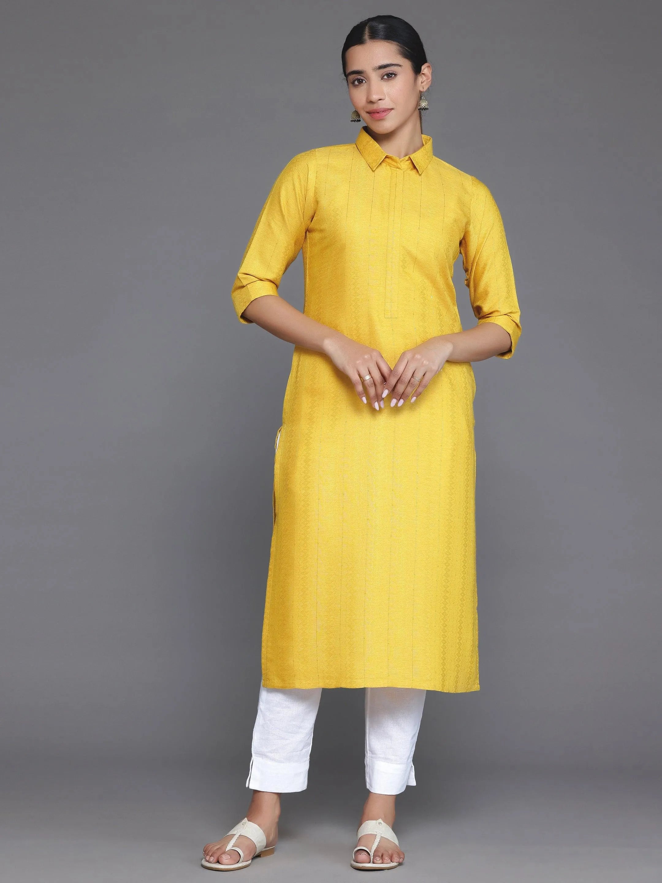 Yellow Woven Design Cotton Straight Kurta-image-14