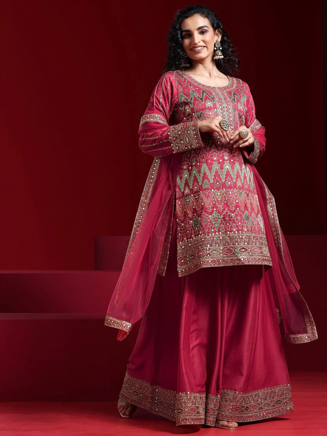  Libas Art Coral Embroidered Silk Blend Straight Suit With Dupatta 