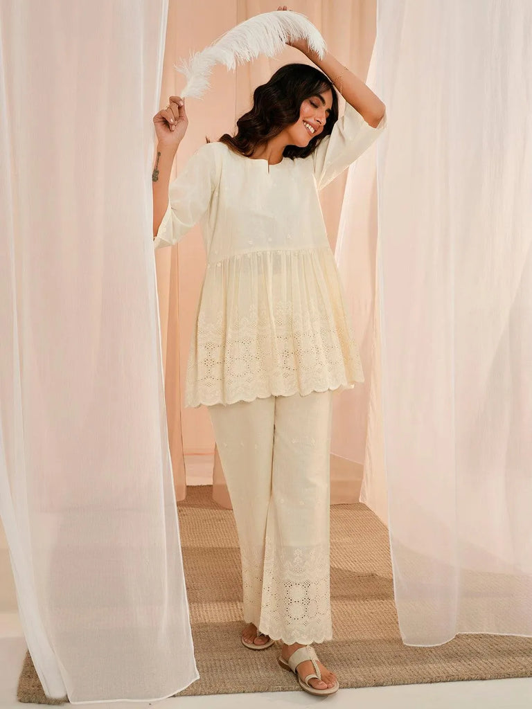 Libas Off White Self Design Cotton Tunic With Palazzos