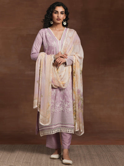 Lilac Embroidered Silk Blend Straight Suit With Dupatta - Libas