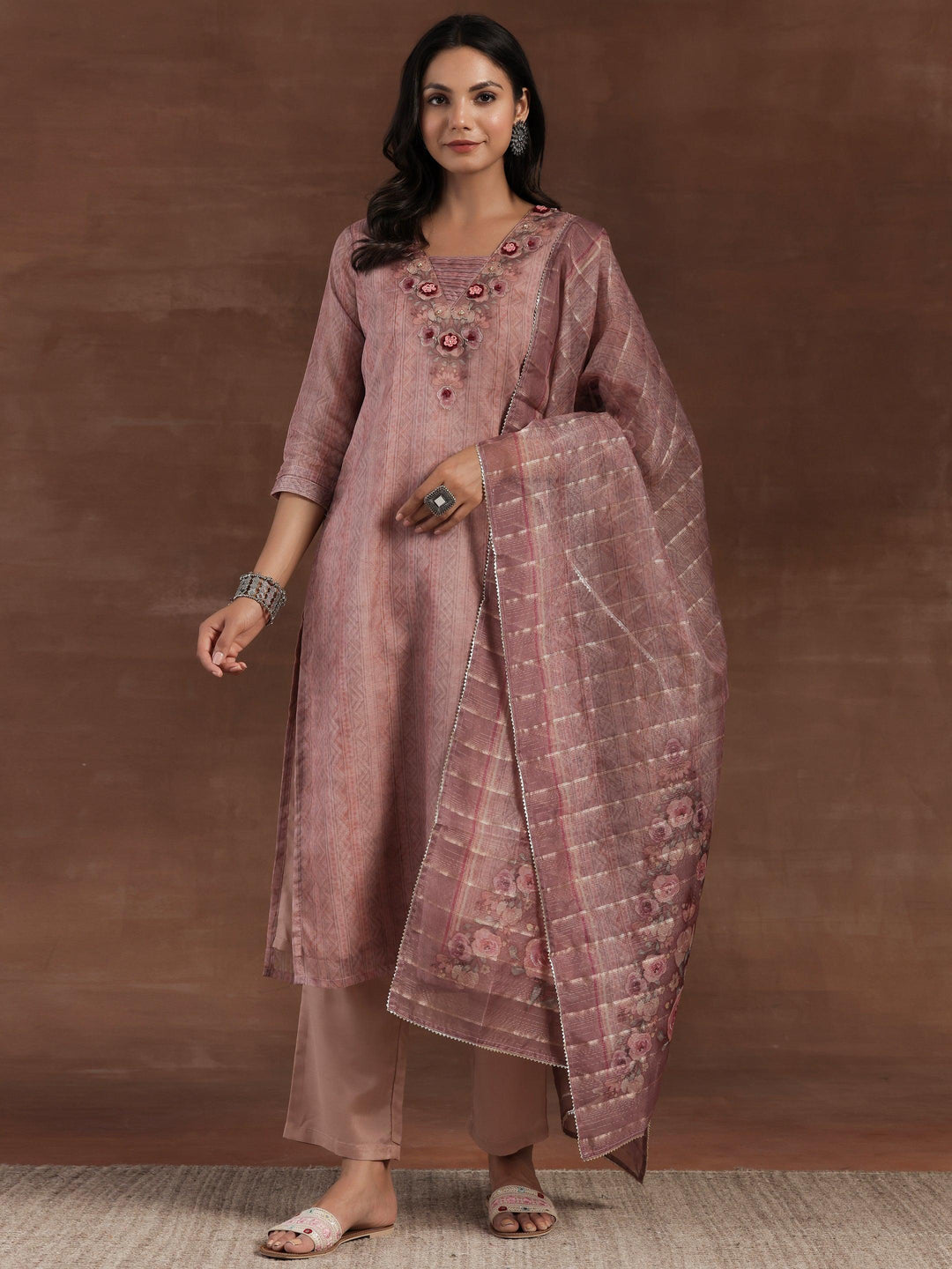 Pink Printed Organza Straight Suit With Dupatta - Libas