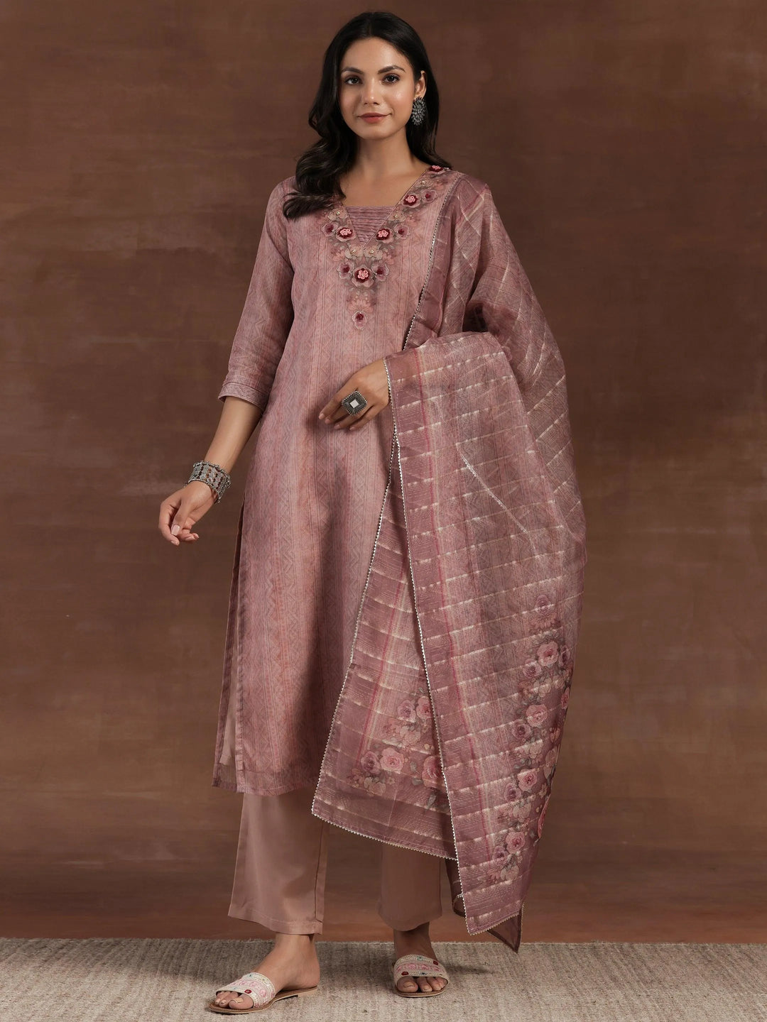 Pink Printed Organza Straight Suit With Dupatta - Libas 