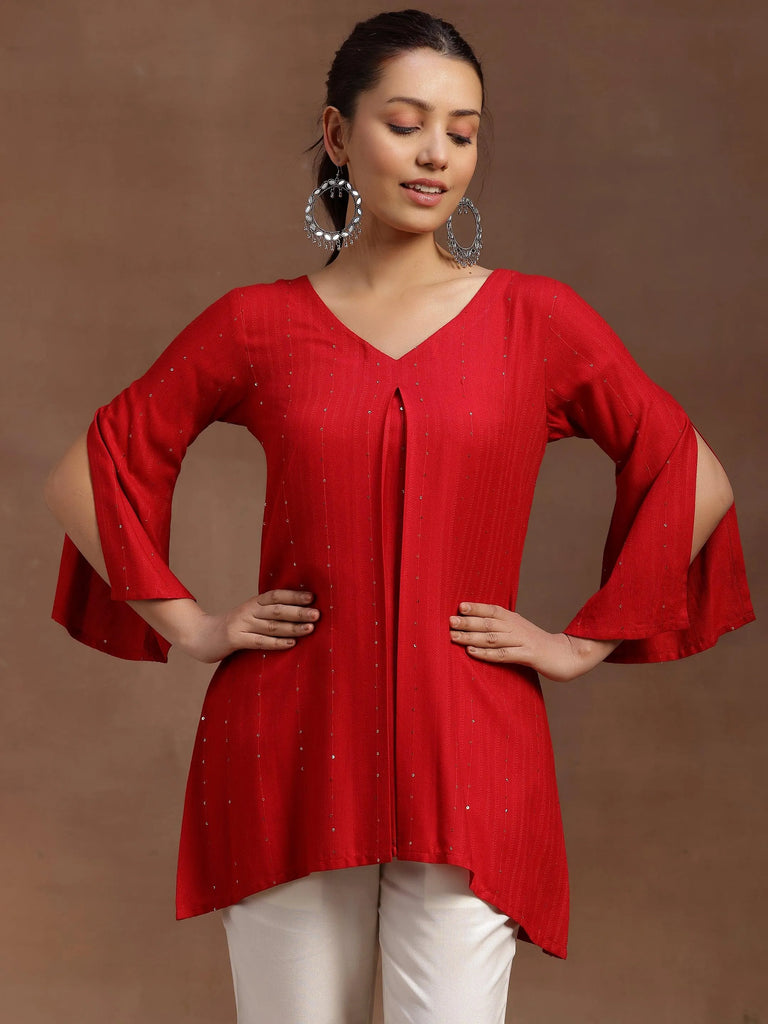 Libas Red Solid Cotton Blend A-line Kurti