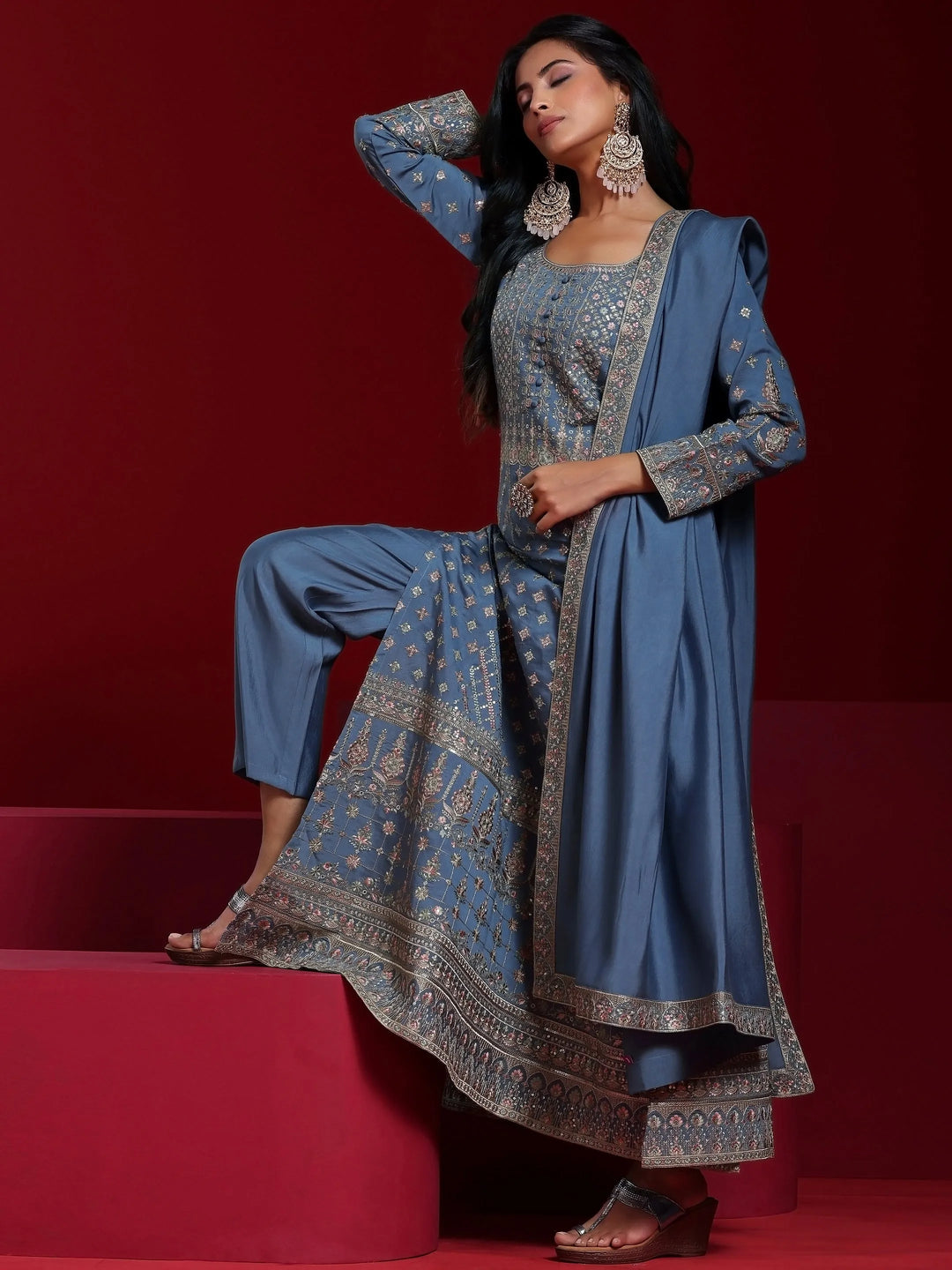  Libas Art Blue Embroidered Silk Blend A-Line Kurta With Trousers & Dupatta 
