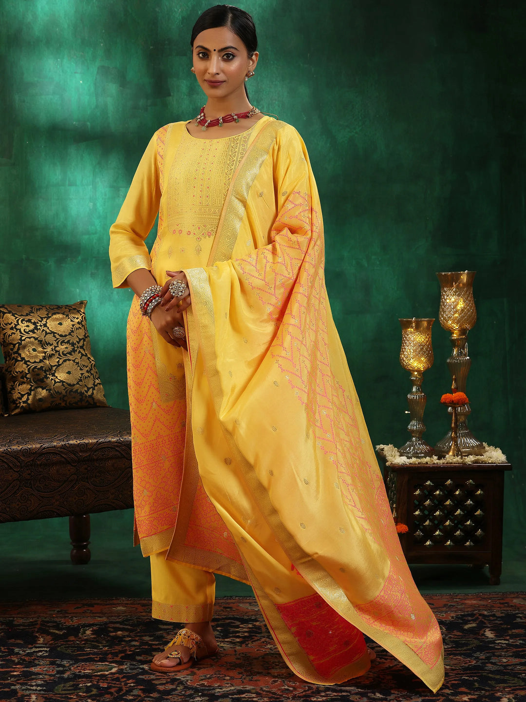  Yellow Embroidered Silk Blend Straight Suit With Dupatta 