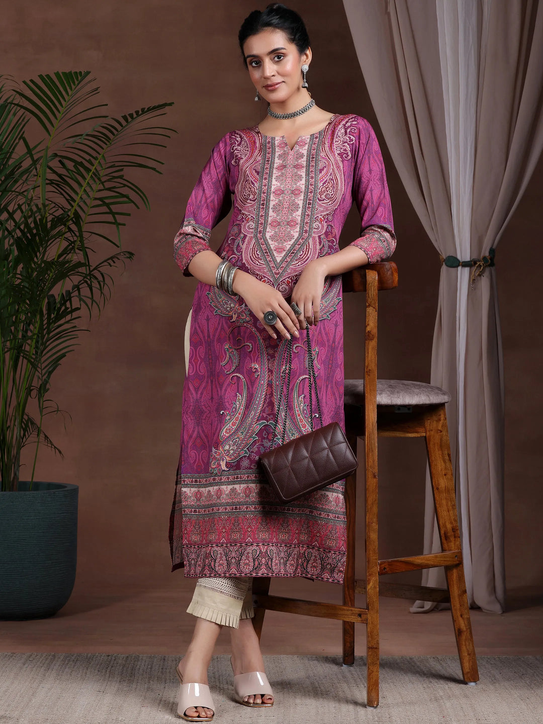  Mauve Printed Crepe Straight Kurta 