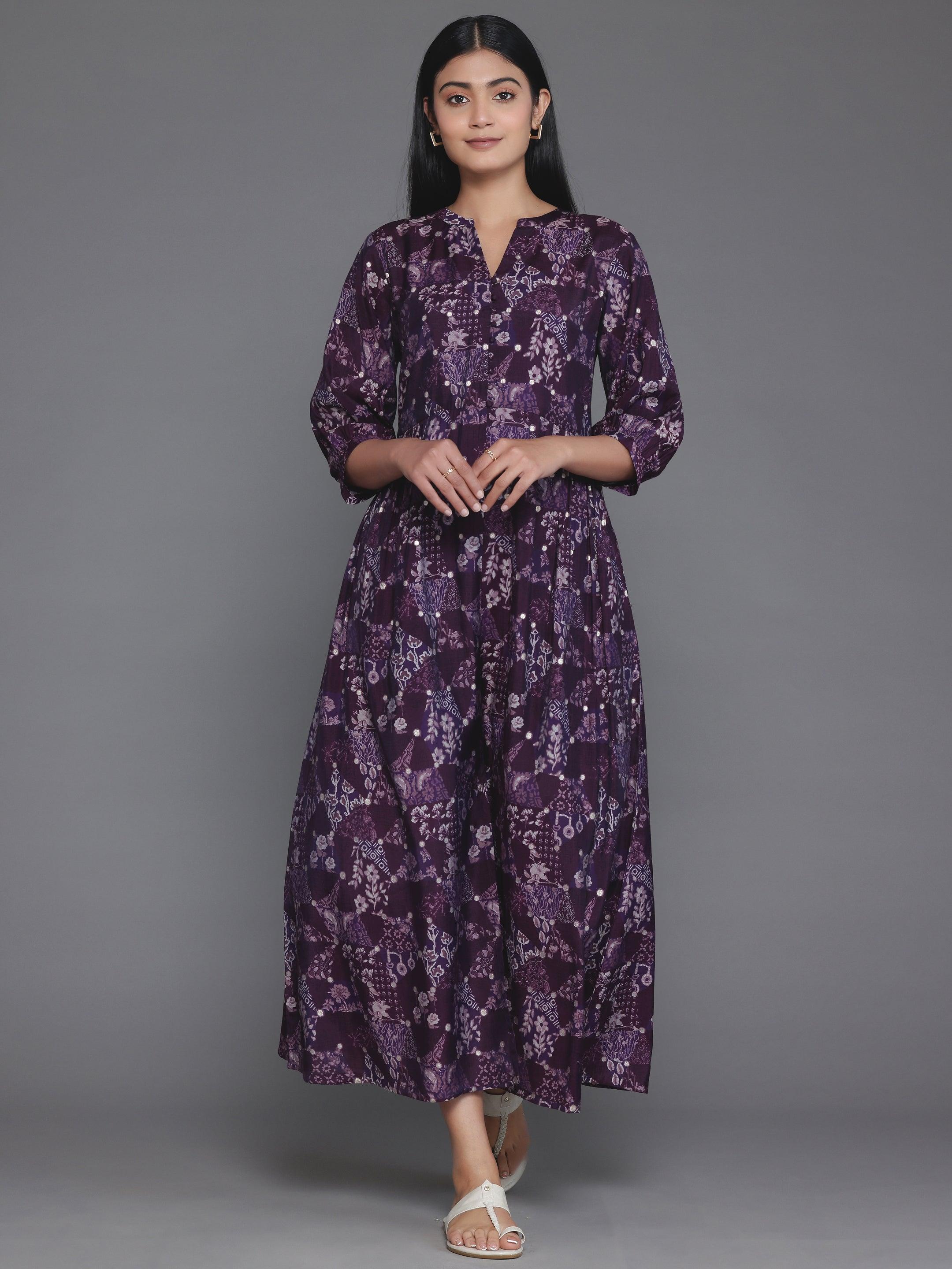 Purple Printed Silk Fit and Flare Dress