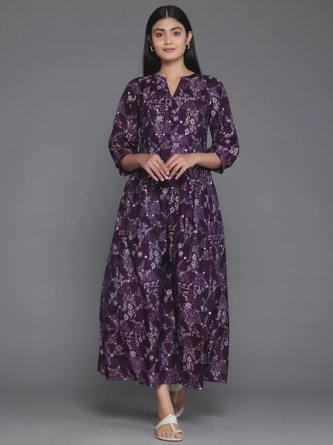 Purple Printed Silk Fit and Flare Dress - Libas 