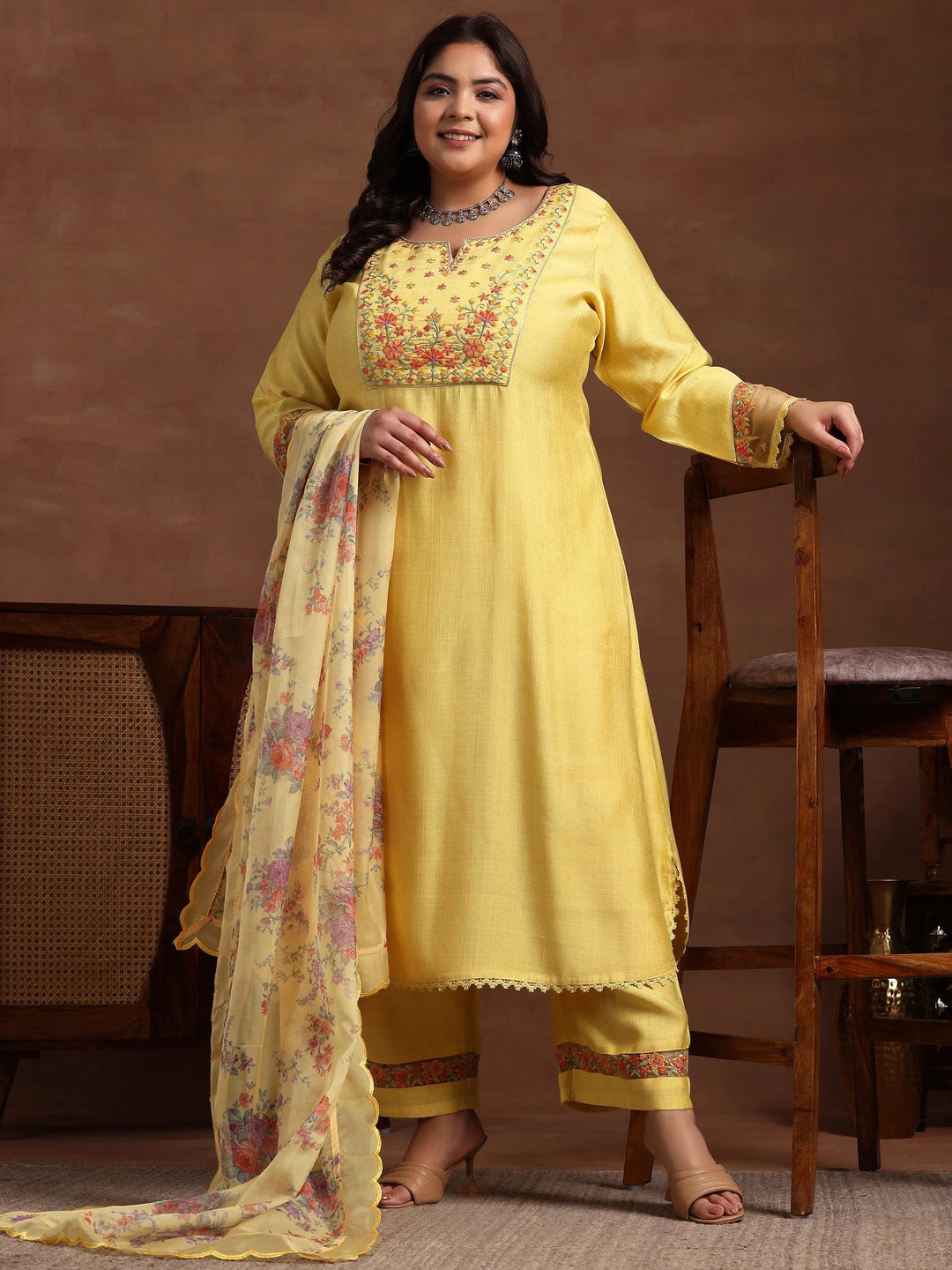 Plus Size Yellow Yoke Design Silk Blend Straight Suit With Dupatta - Libas 