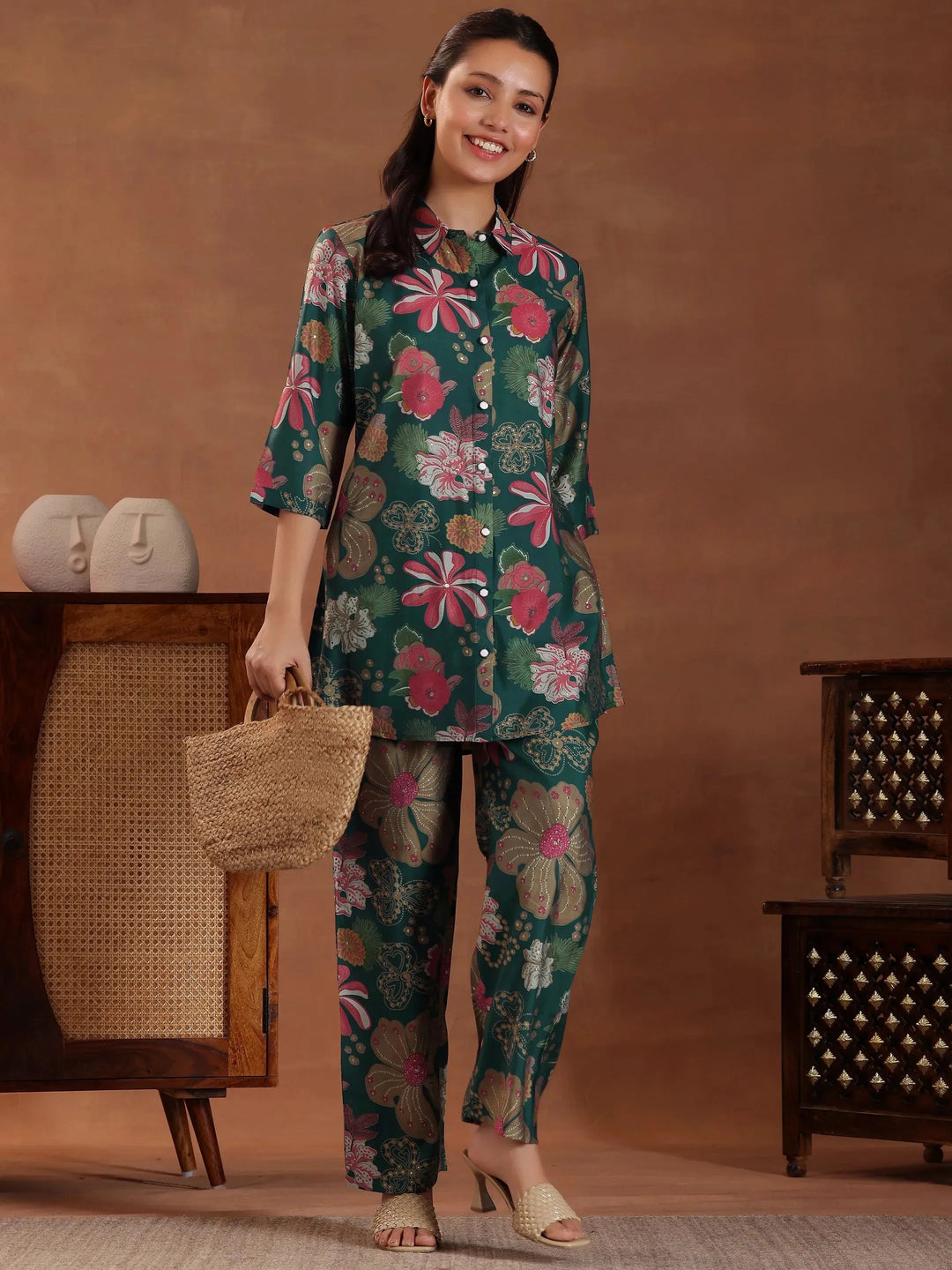  Blue Printed Silk Blend Co-Ords 