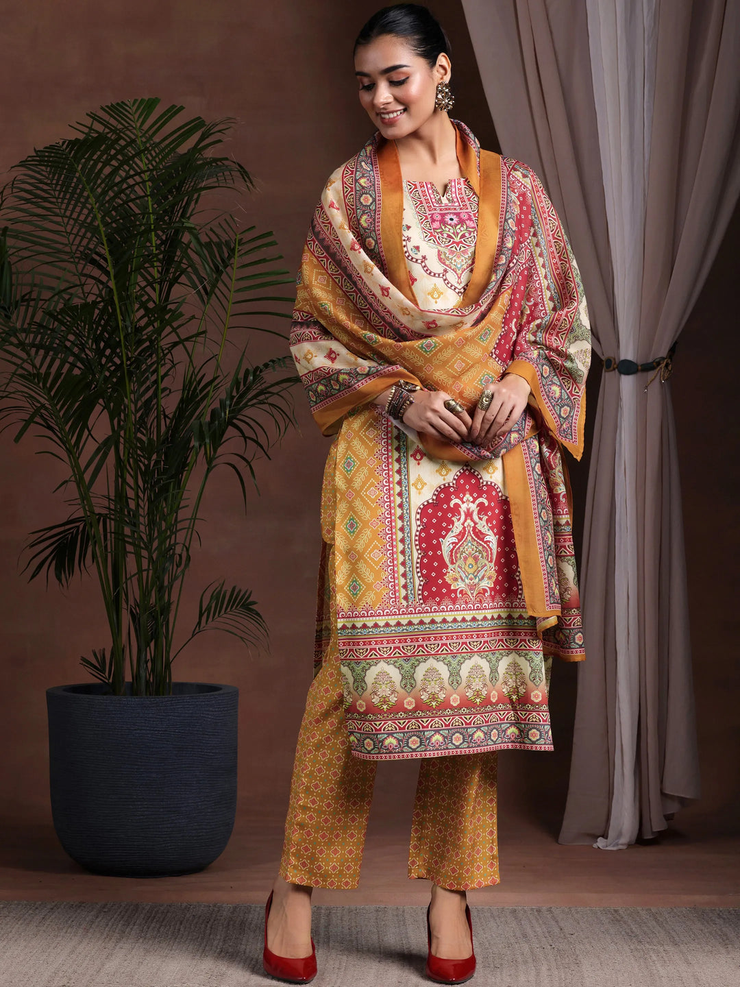 Mustard Printed Poly Crepe Straight Suit With Dupatta
