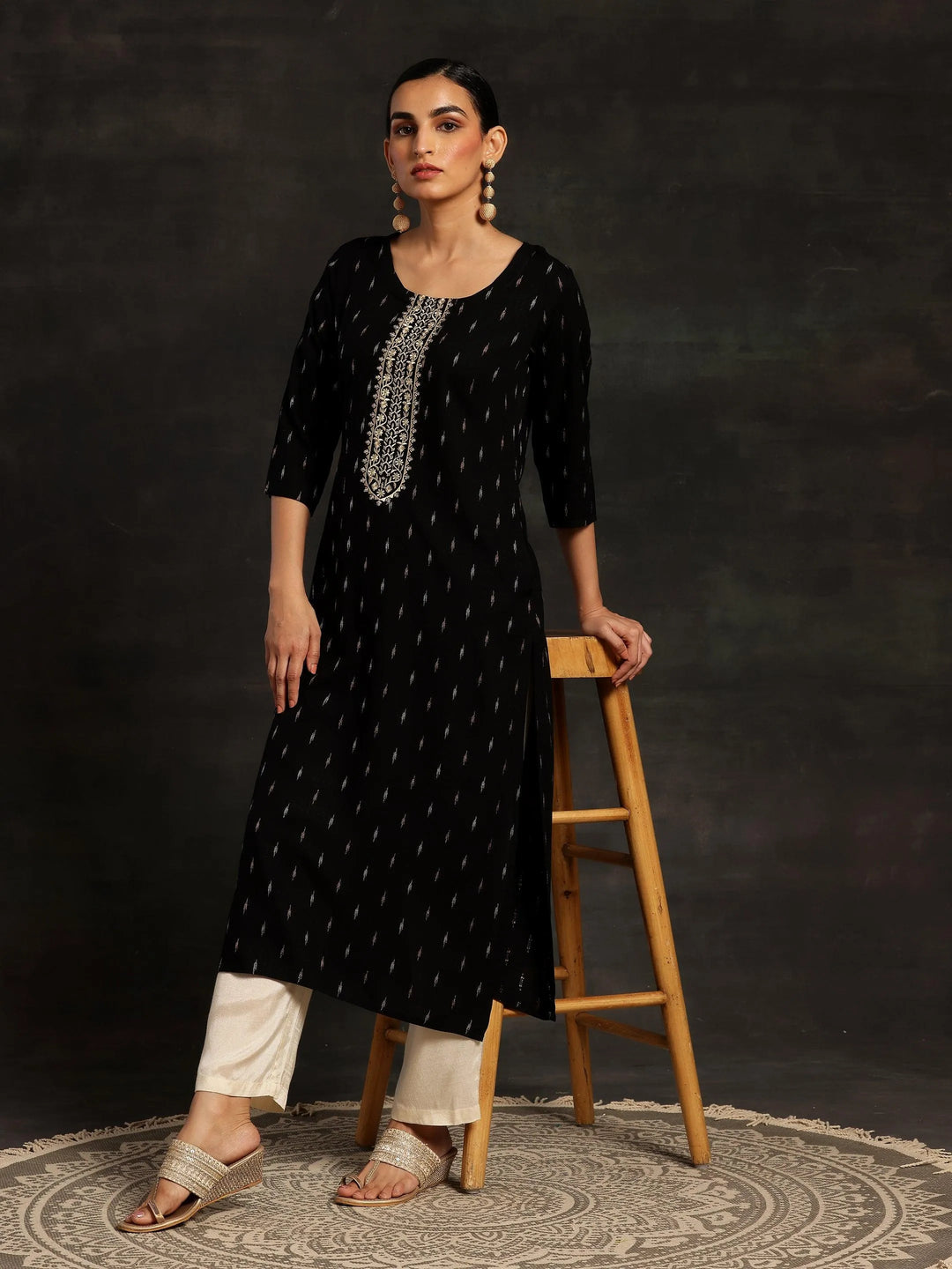 Black Yoke Design Cotton Straight Kurta - Libas