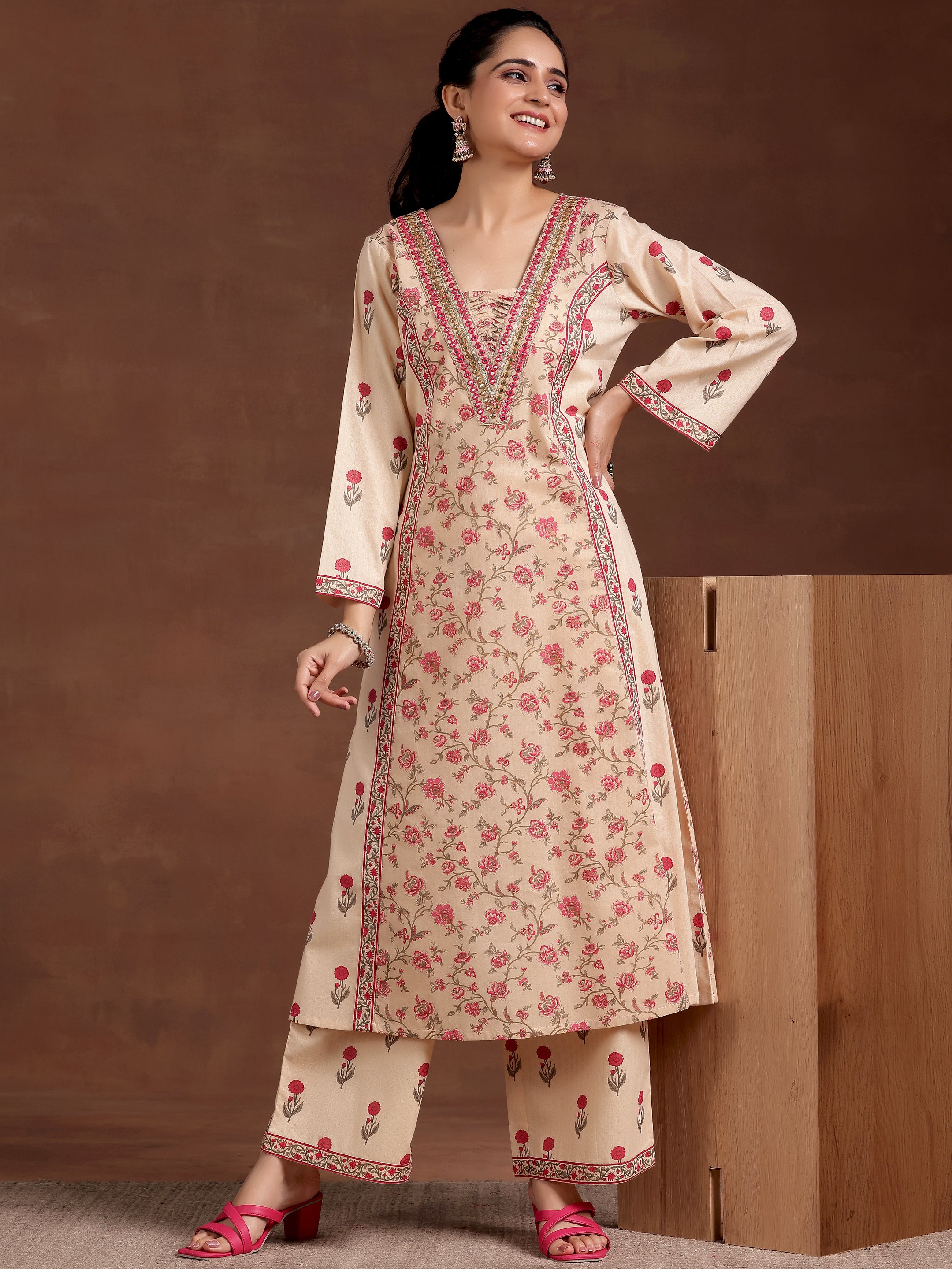 Beige Printed Cotton A-Line Kurta With Palazzos-image-6