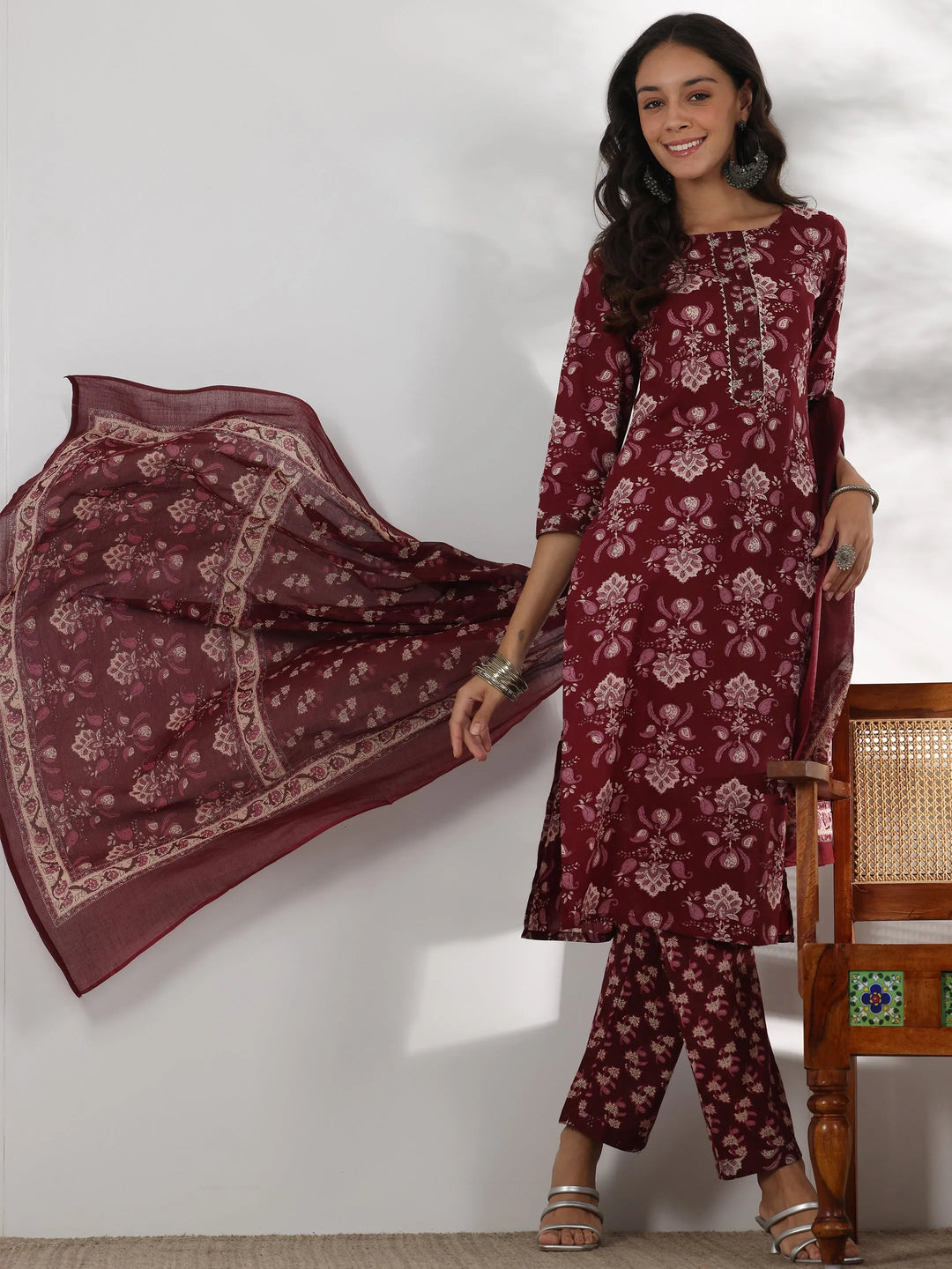  Maroon Printed Cotton Straight Suit With Dupatta 
