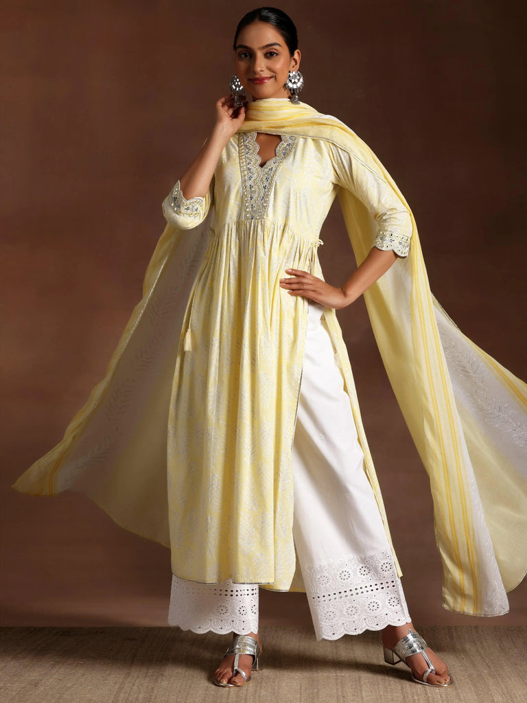 Libas Mahnoor Yellow Printed Cotton A-Line Kurta With Palazzos & Dupatta