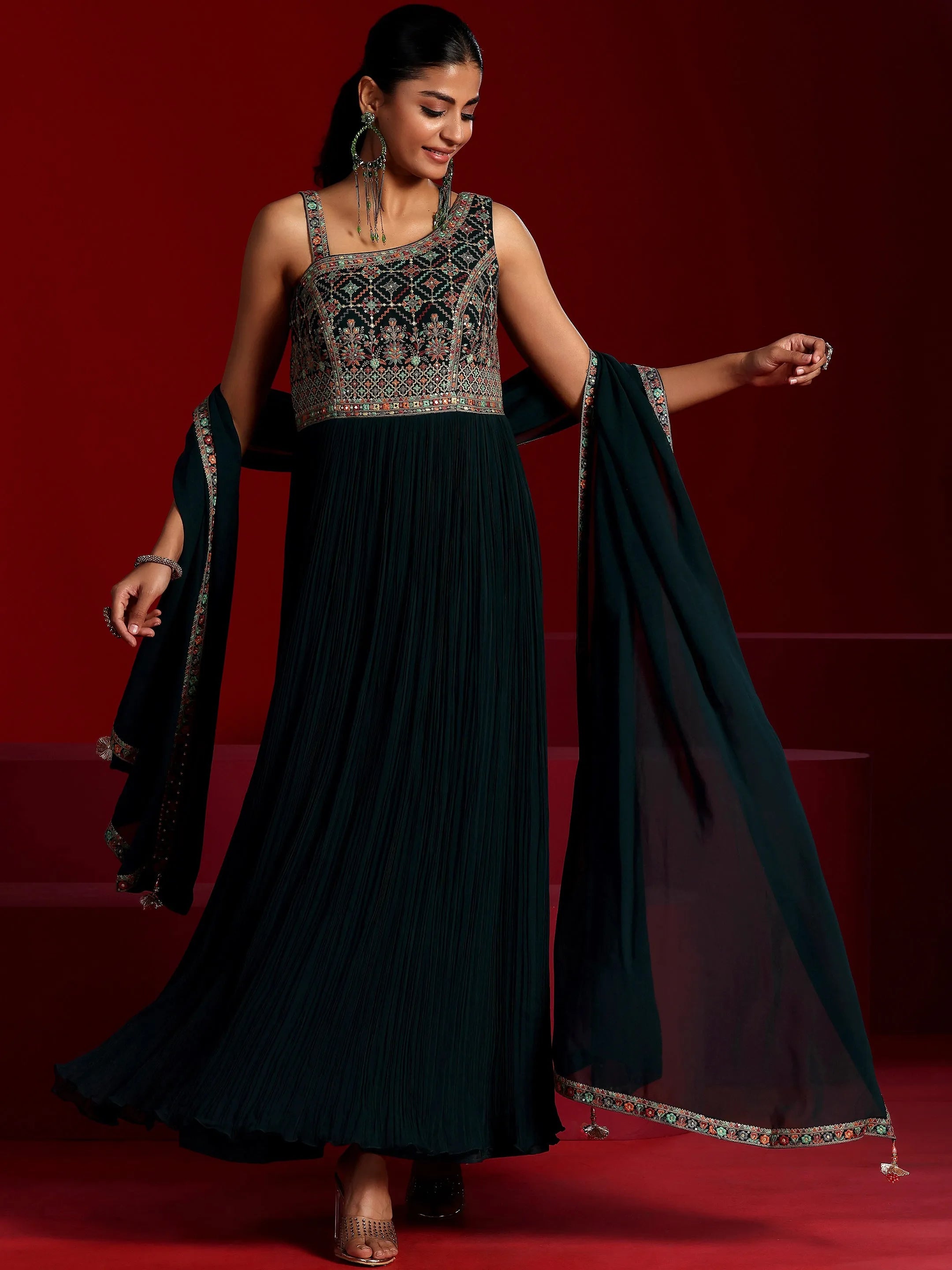 Libas Art Blue Embroidered Georgette A-Line Kurta With Trousers & Dupatta-picture-38