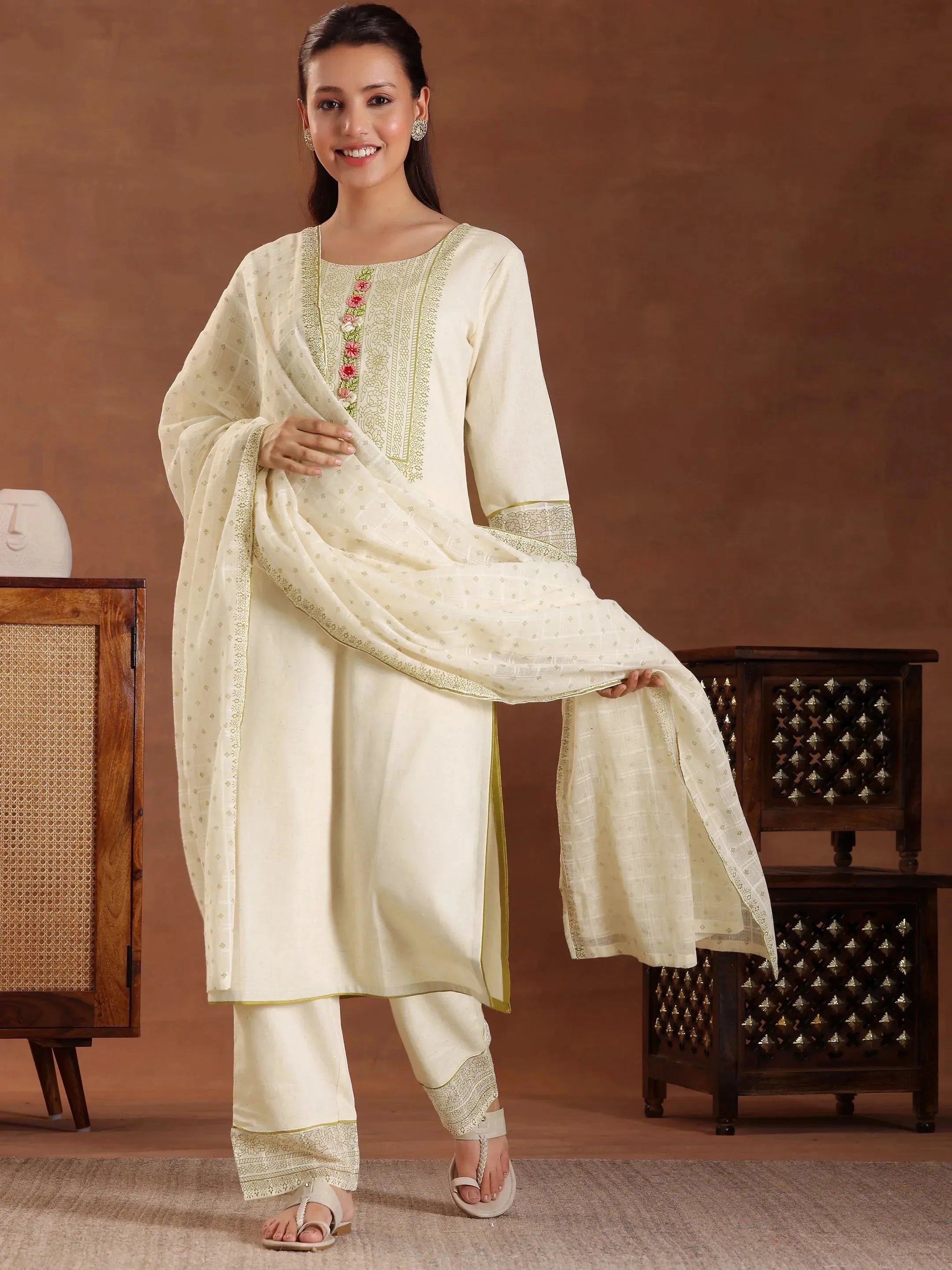 Off White Yoke Design Cotton Blend Straight Suit With Dupatta
